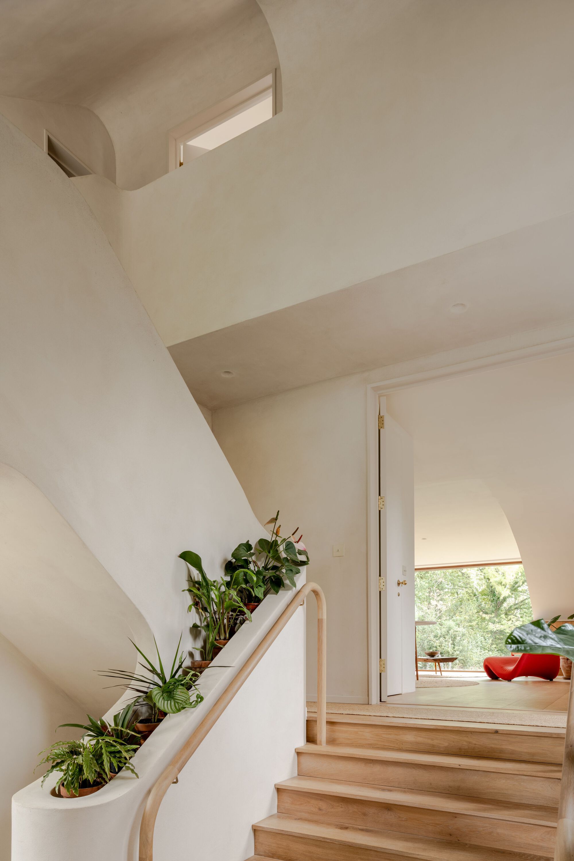 Timber staircase with white planters holding potted greenery along the curved balustrade
