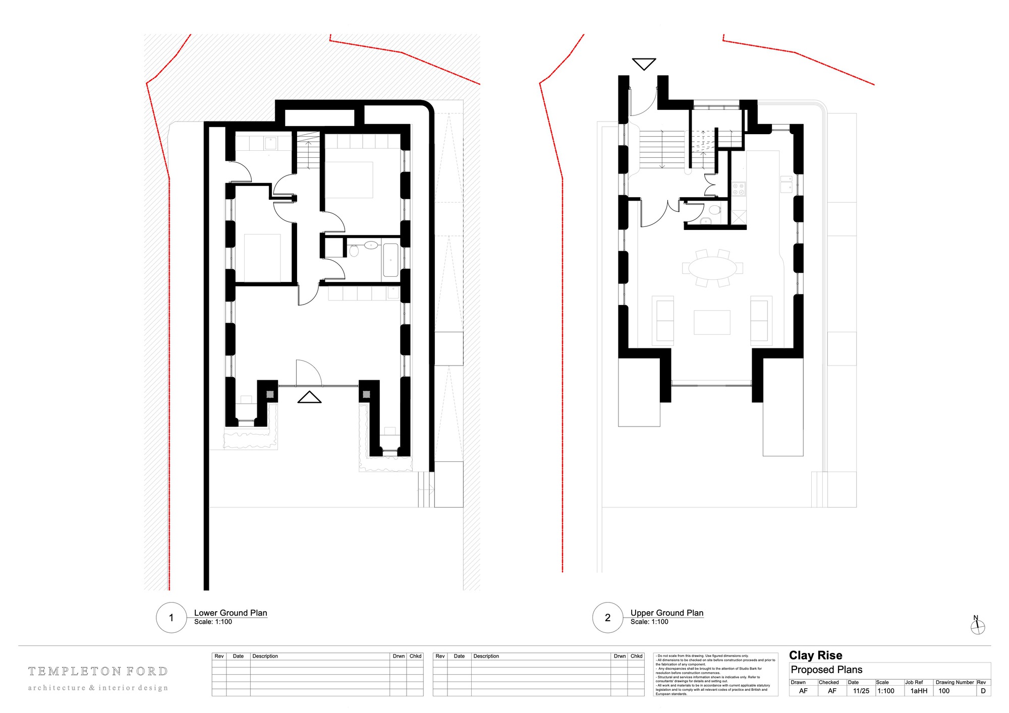 Floor plan drawings showing lower and upper ground levels with room layouts and circulation