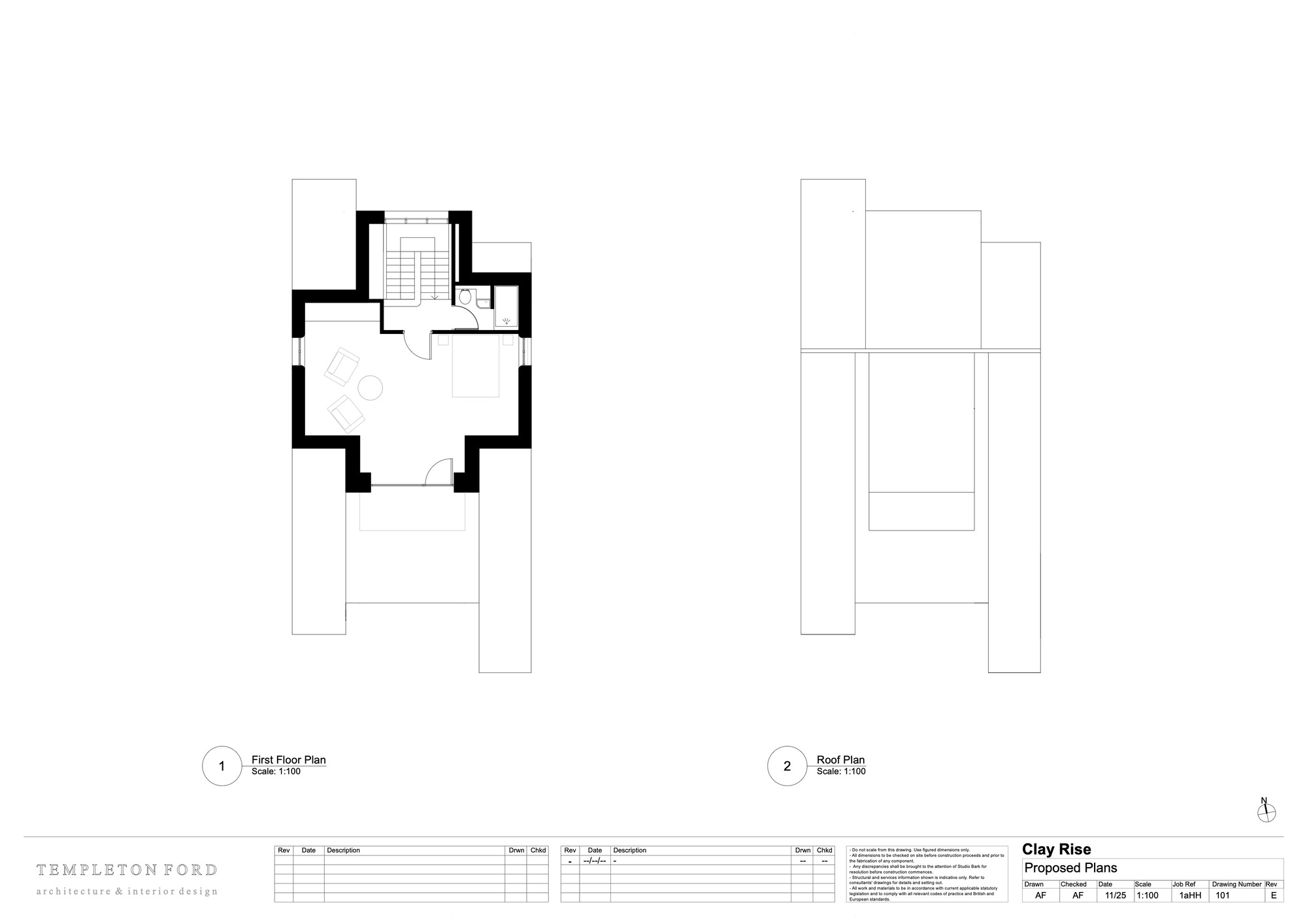 Floor plan and roof plan drawings showing first floor layout and roofline geometries