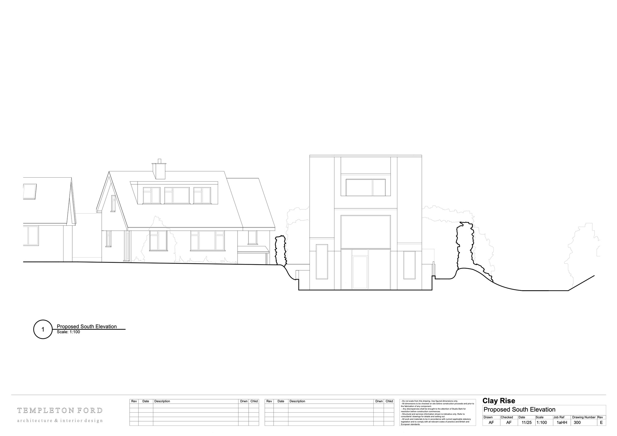 South elevation drawing showing the new structure beside existing neighboring houses with trees
