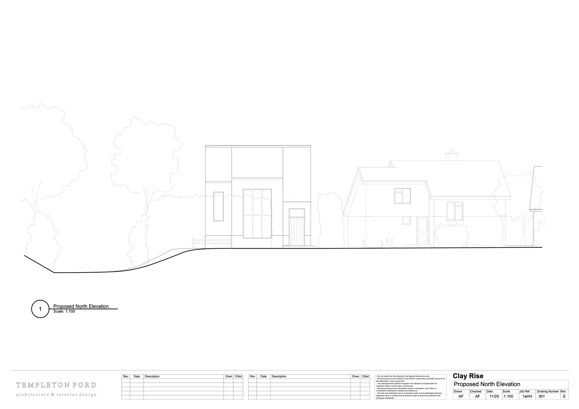 North elevation drawing showing the street facade with adjacent buildings and tree outlines