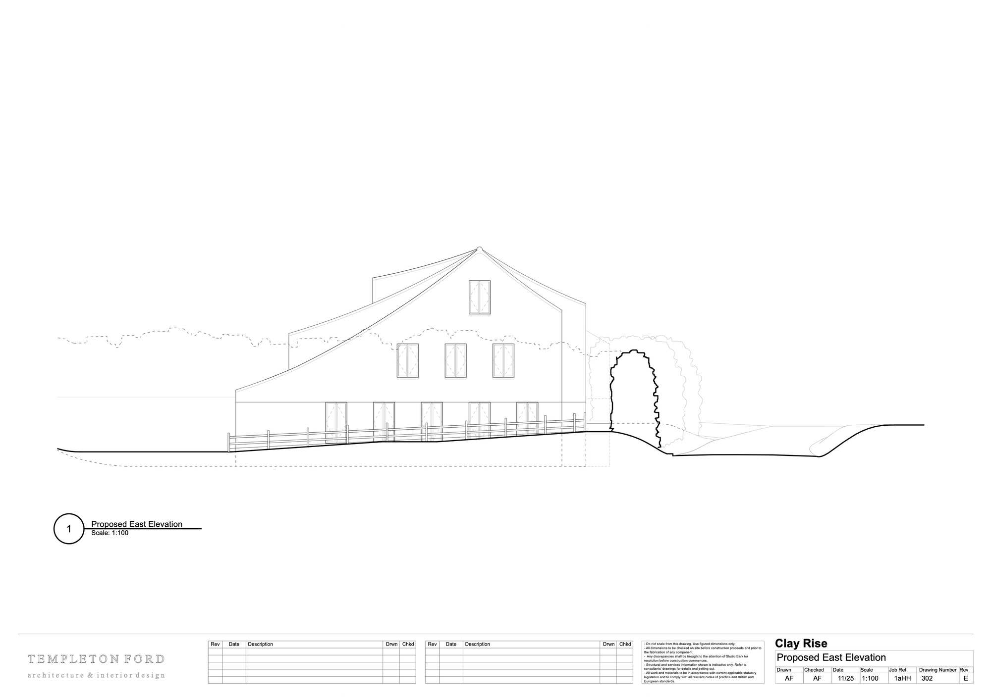 East elevation drawing showing a gabled structure with rectangular windows and a single tree