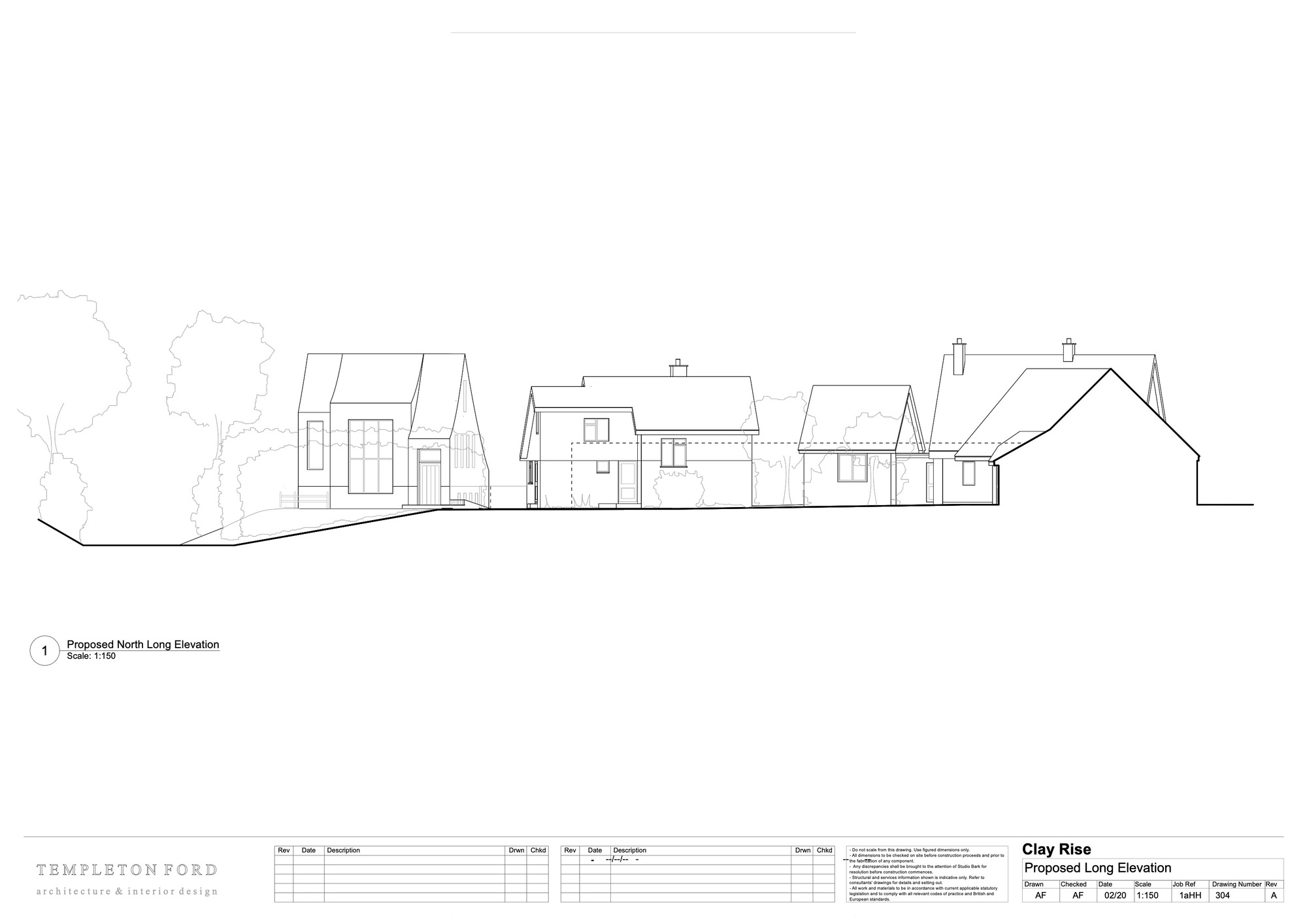 Long elevation drawing illustrating a series of linked gabled volumes with chimneys and trees