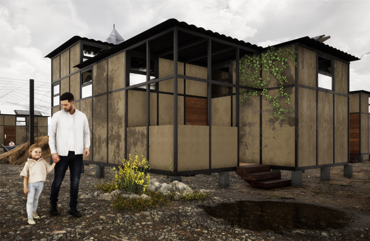 Modular housing unit showcasing sustainable post-disaster architecture with elevated structure and recycled materials.