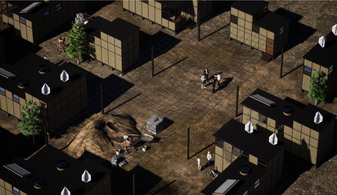Clustered modular settlement illustrating flexible planning and community-oriented housing layout.