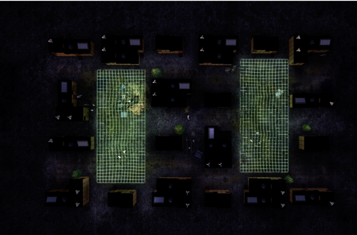 Night-time masterplan highlighting illuminated communal grids and safety-focused spatial design.