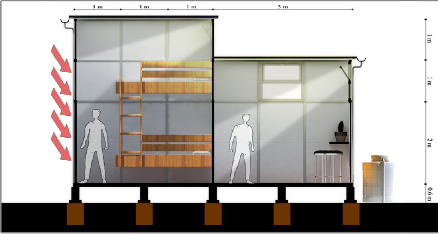 Sectional diagram of modular housing unit showing spatial efficiency, natural light, and structural system.