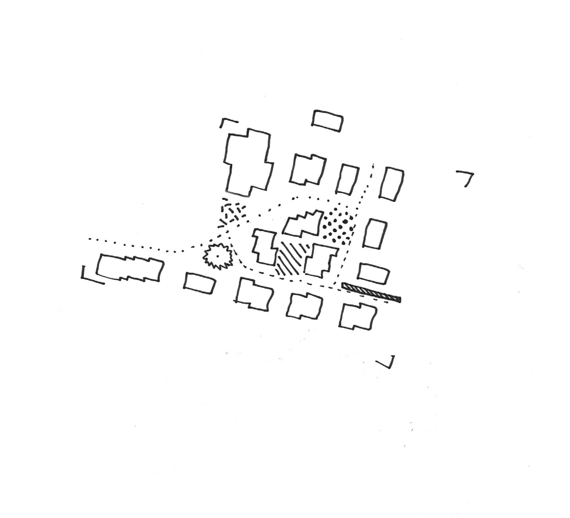 Site plan sketch showing cluster of buildings around a central common area with scattered vegetation