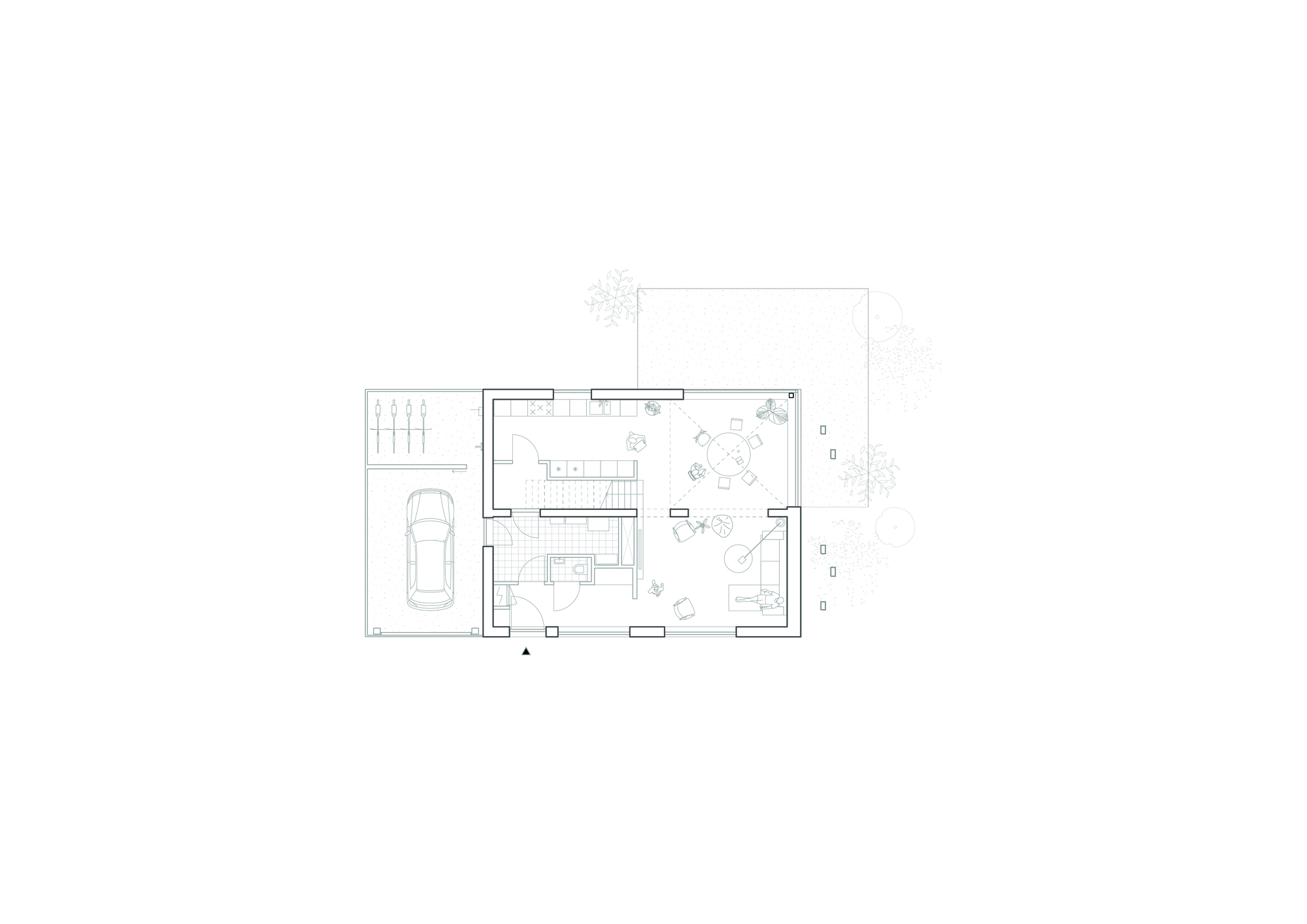 Ground floor plan drawing showing open living spaces, carport, and central staircase with furnishings indicated