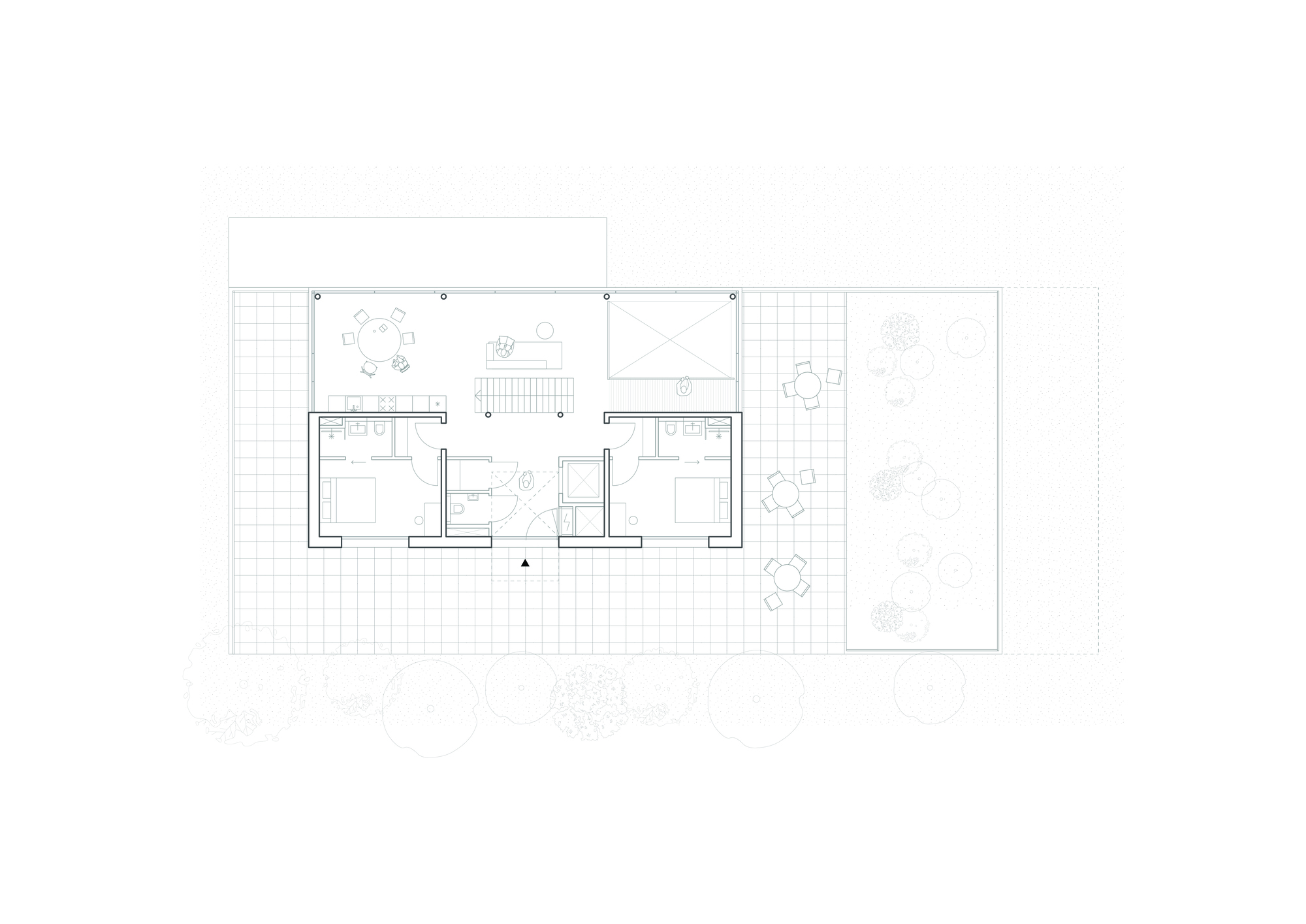 Upper floor plan drawing showing two bedroom suites flanking a central landing with exterior decks