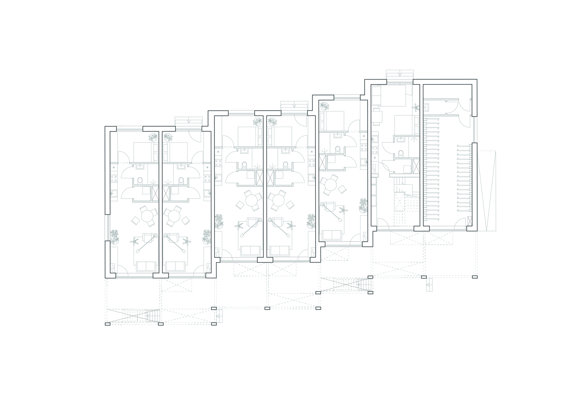 Floor plan drawing showing a row of four residential units with small planted areas at their entrances
