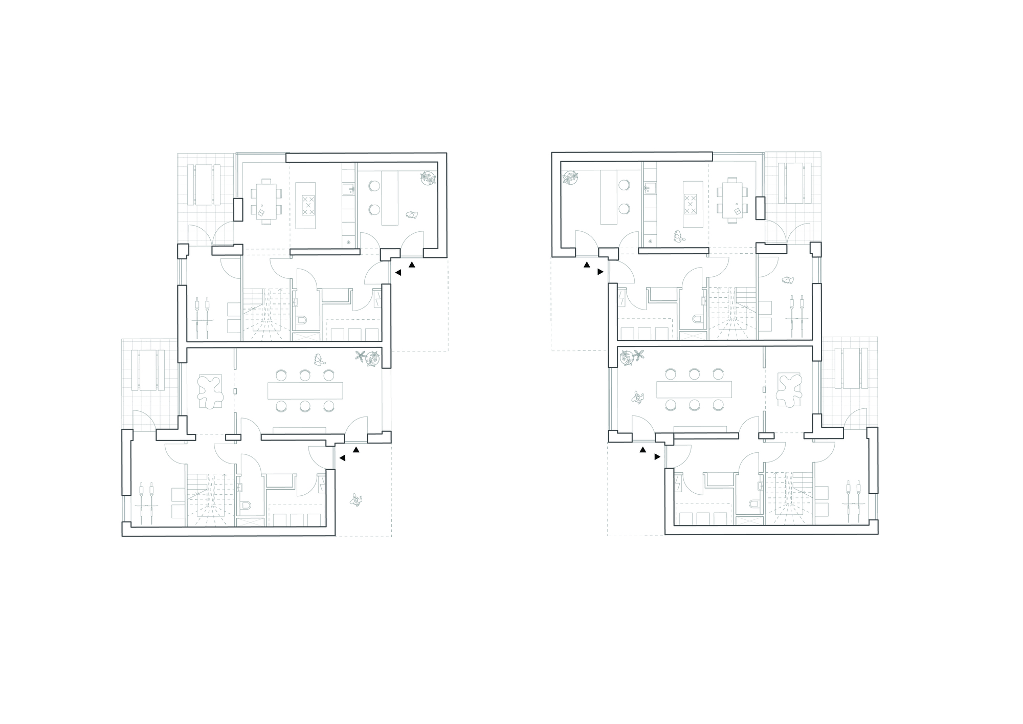Floor plan drawing of two mirrored residential units with central staircases and balconies