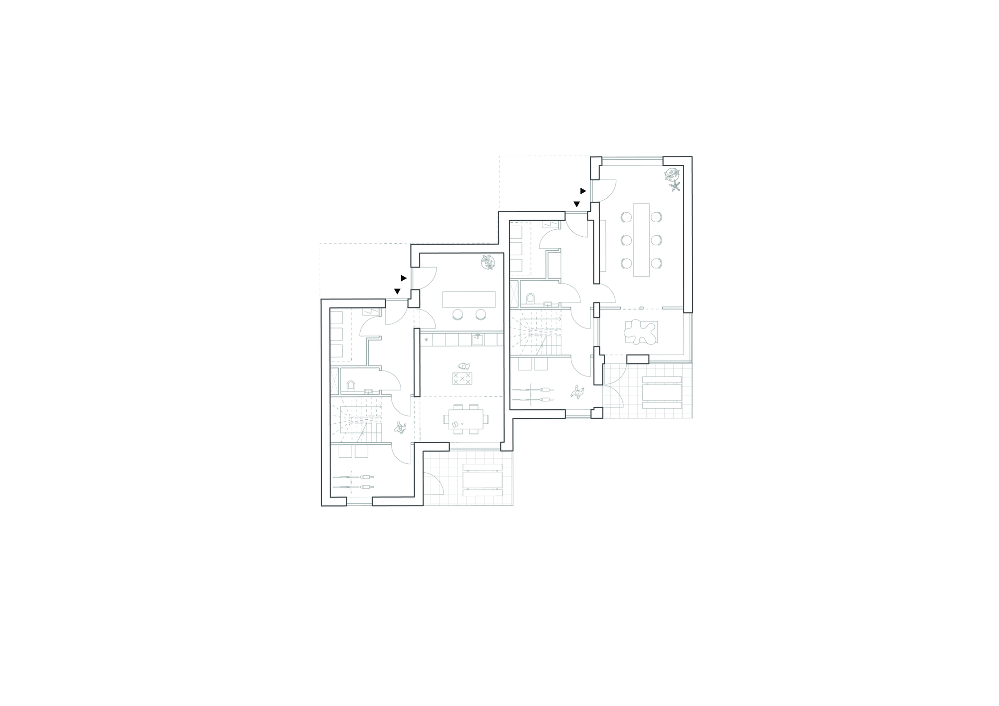 Floor plan drawing showing three interconnected residential units arranged in a stepped configuration