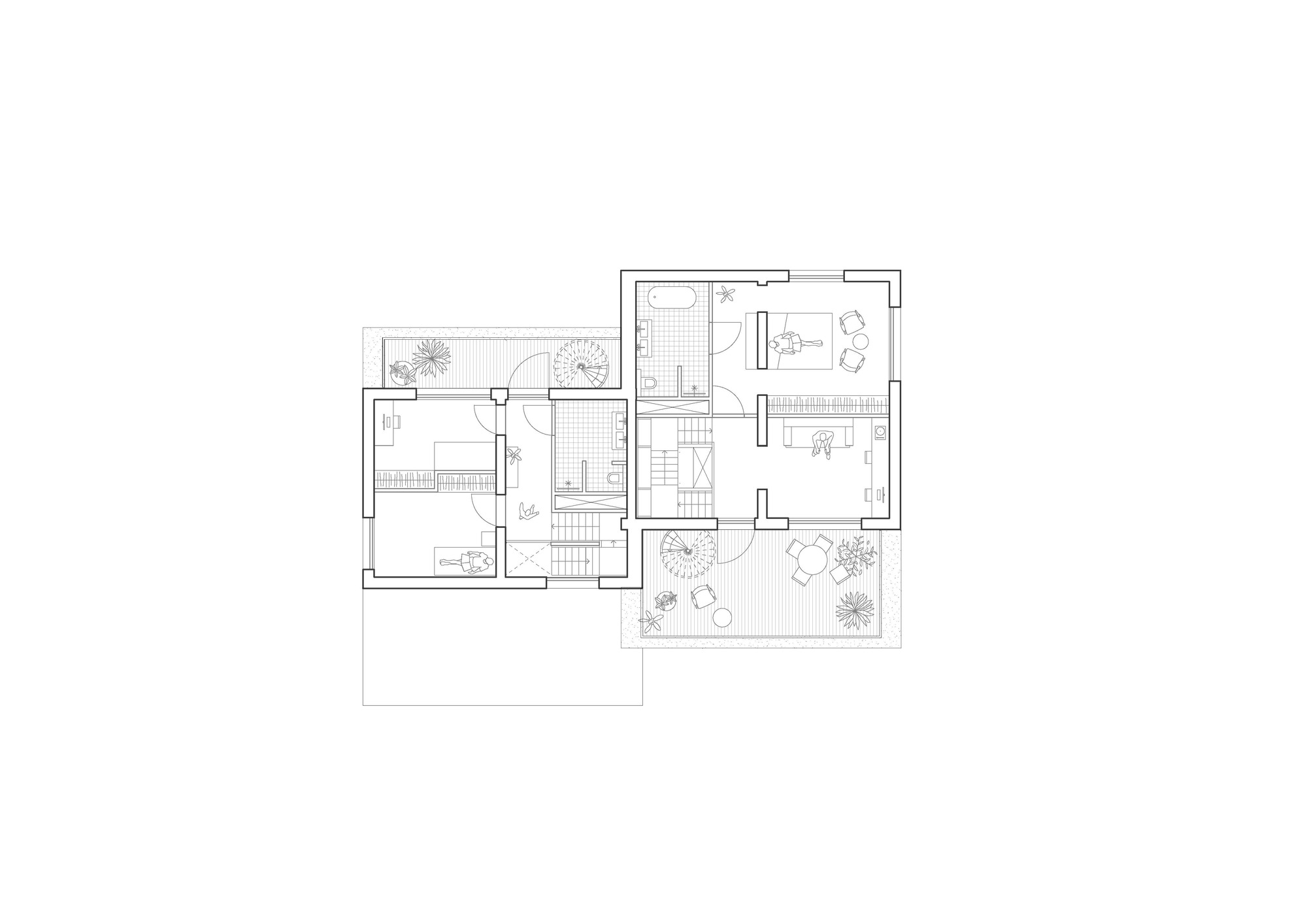 Floor plan drawing showing a residential level with central staircase and terrace with potted plants