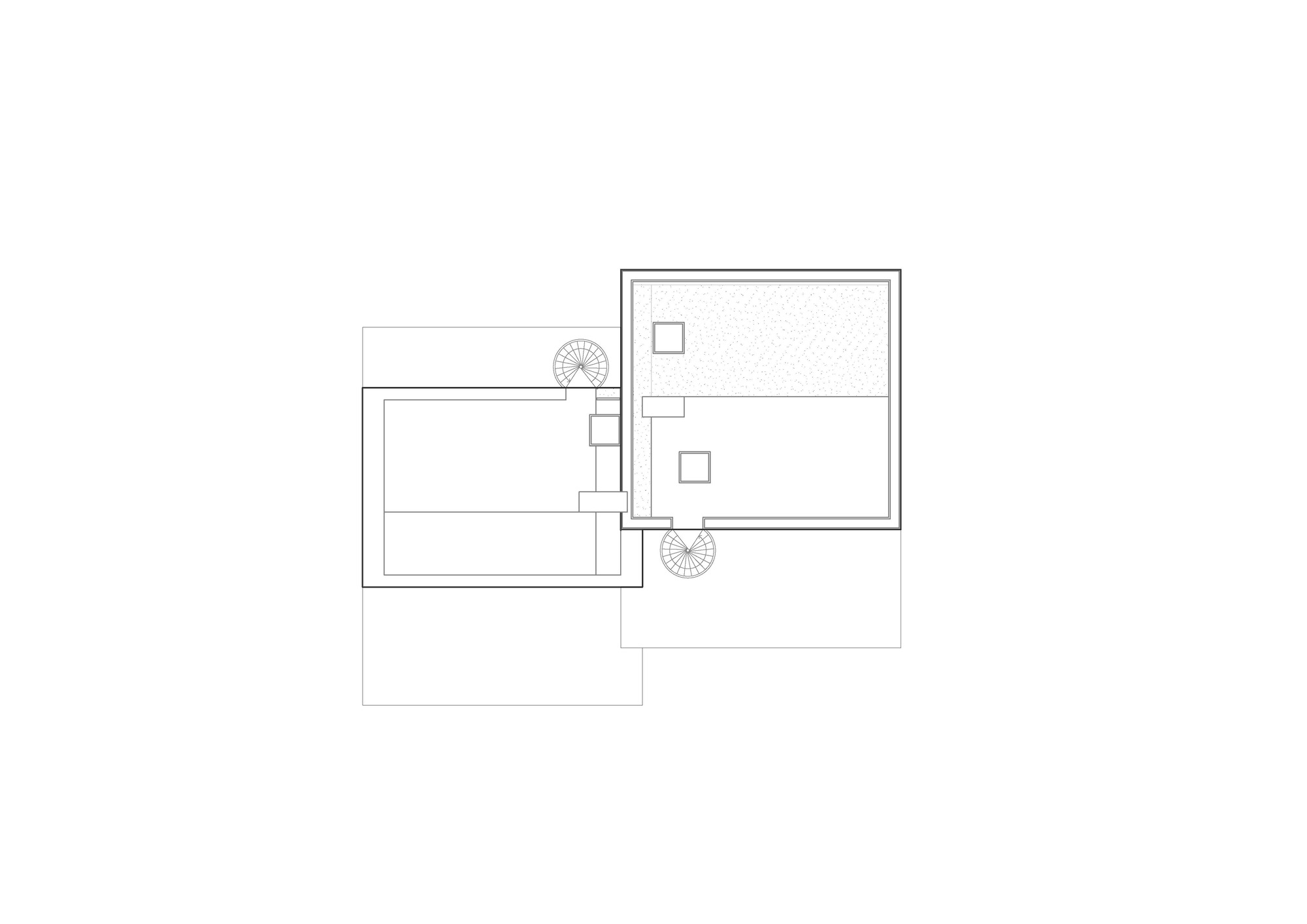Floor plan drawing showing three offset rectangular volumes connected by a central circulation zone with planted elements