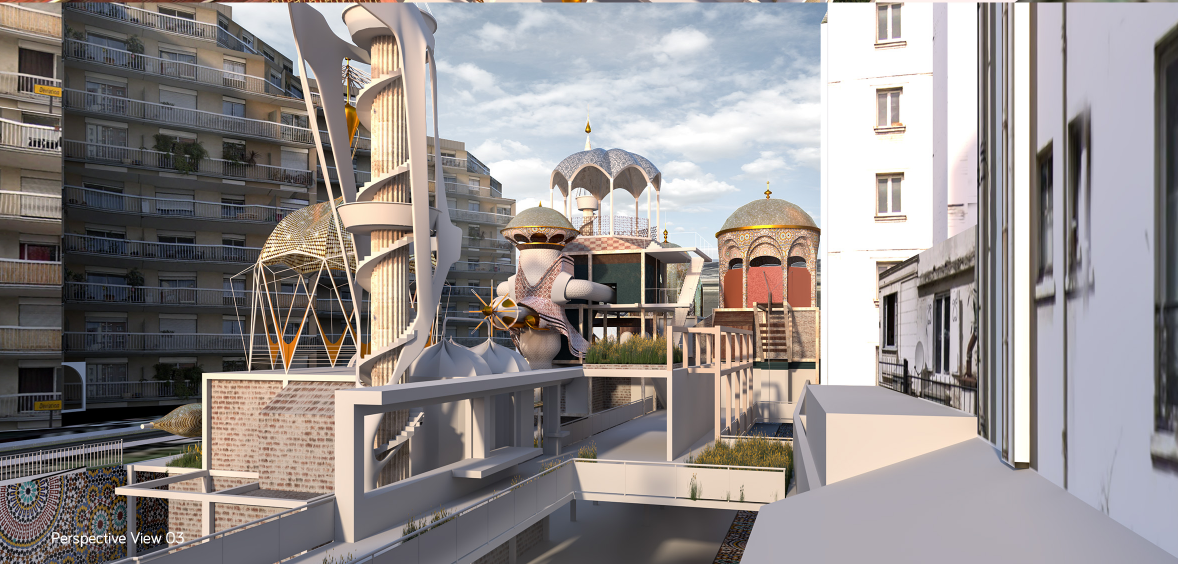 Circulation view showcasing elevated walkways and multi-level connectivity across the intervention
