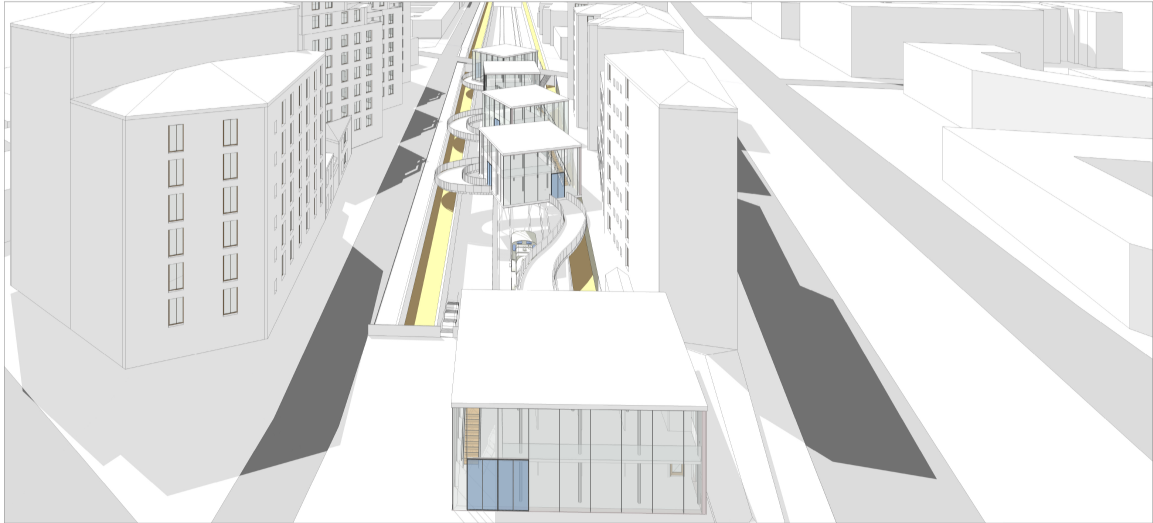 Linear urban void transformed into a dynamic pedestrian spine with elevated glass volumes.