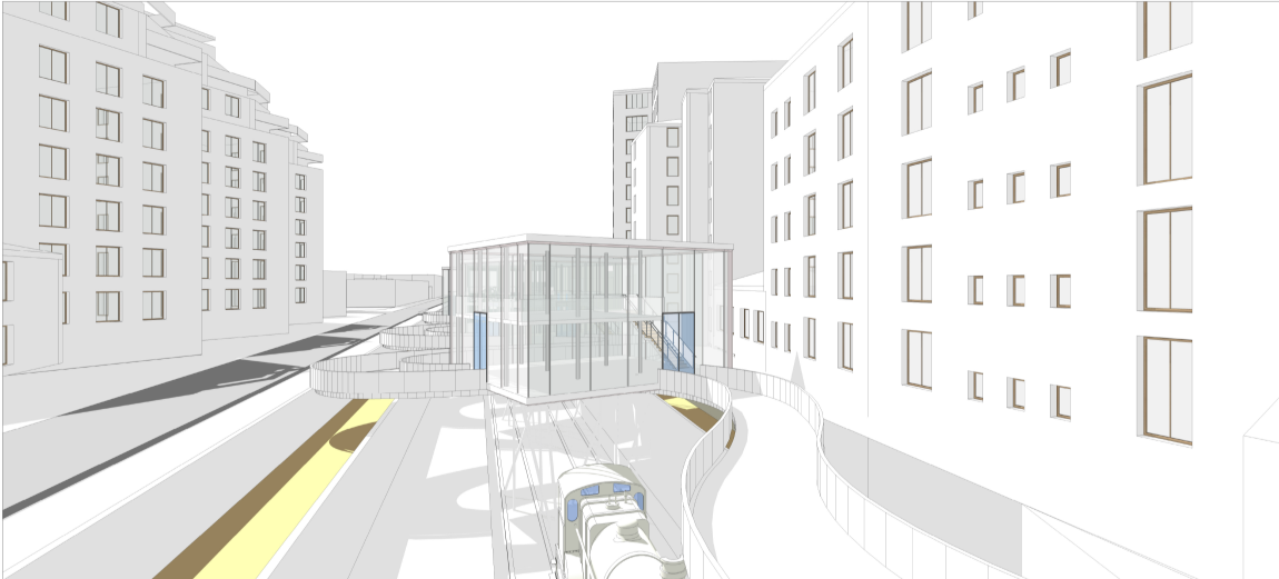 Glass pavilion anchoring the bridge, creating a visual and functional node within the urban fabric.