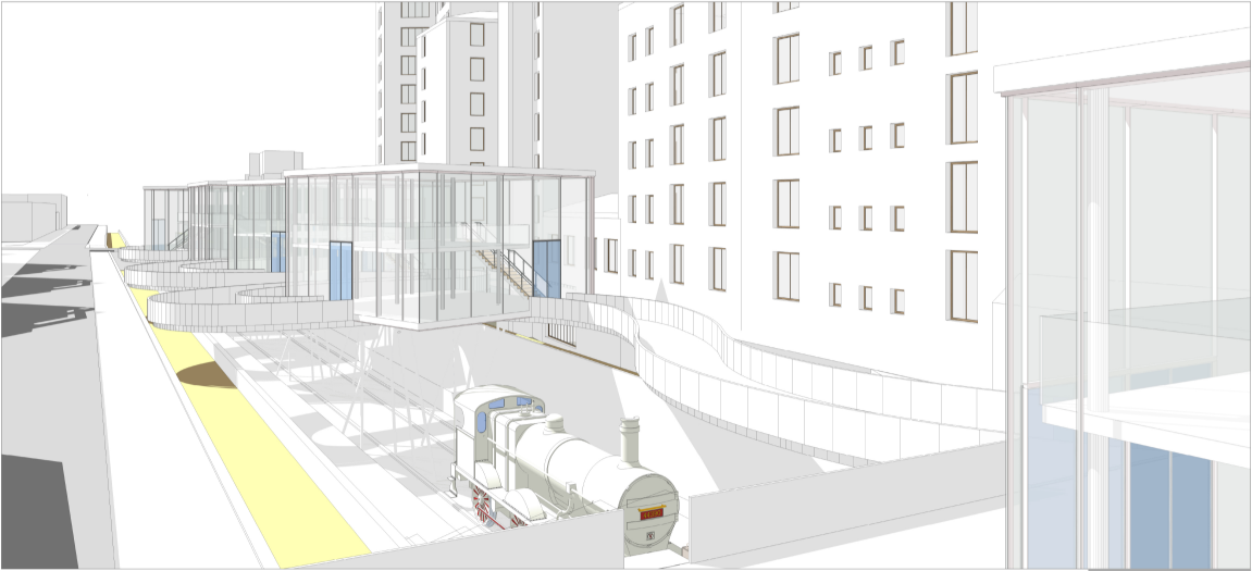 Historic train integrated beneath the structure, connecting memory with contemporary public space.