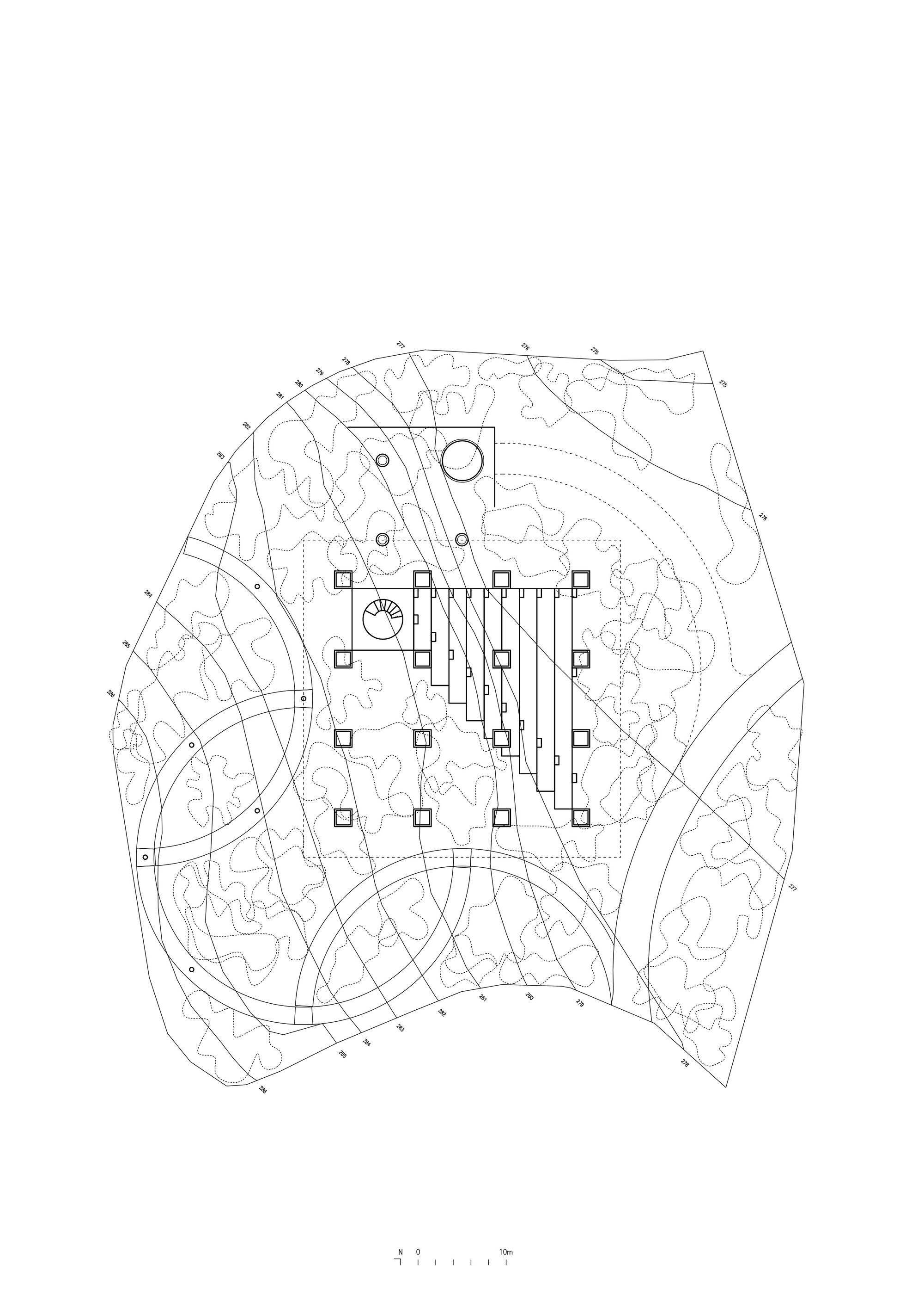 Site plan drawing showing a building footprint surrounded by contoured landscape paths and vegetation patterns