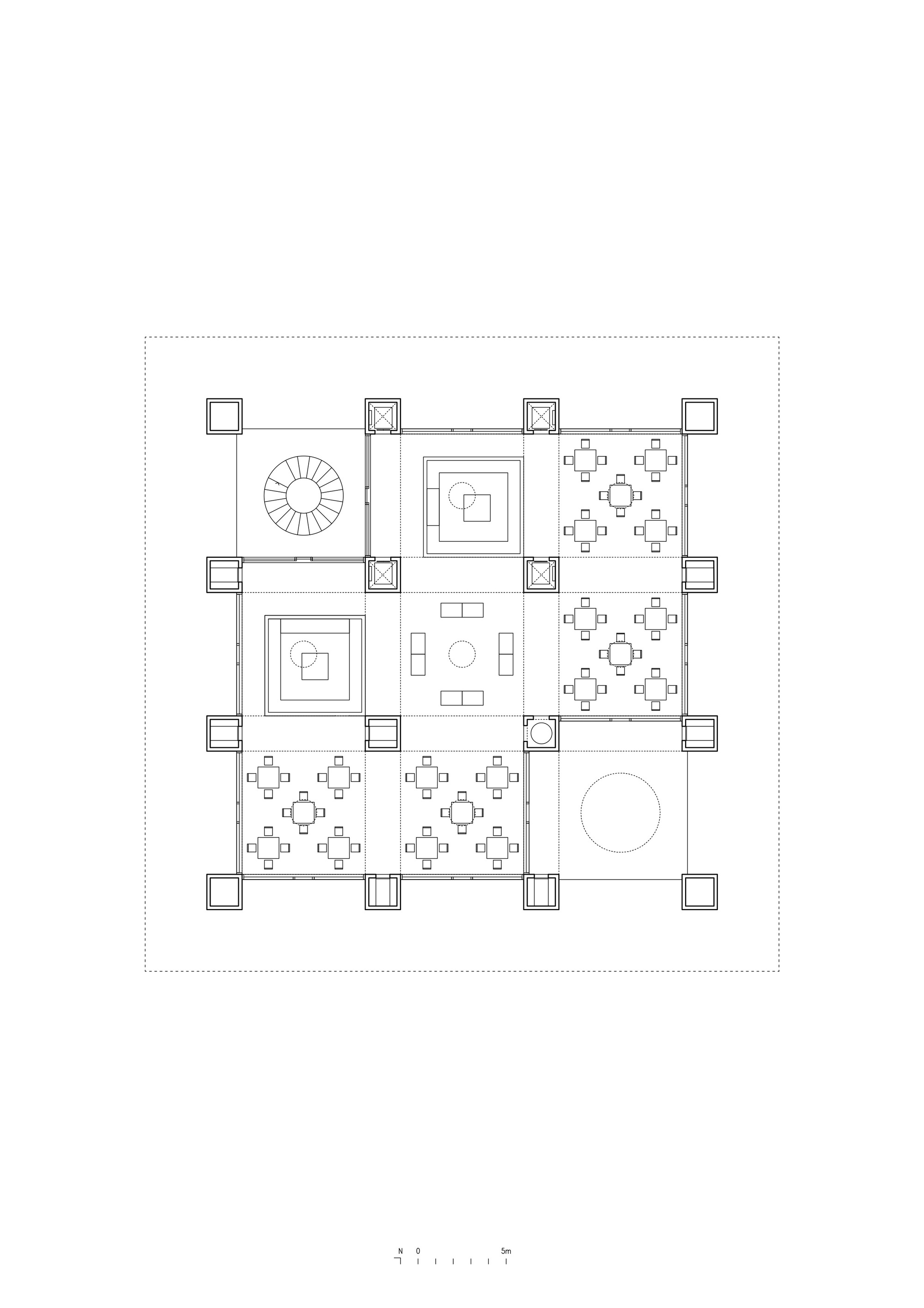 Floor plan drawing showing dining areas with clustered tables around central courtyards and a staircase