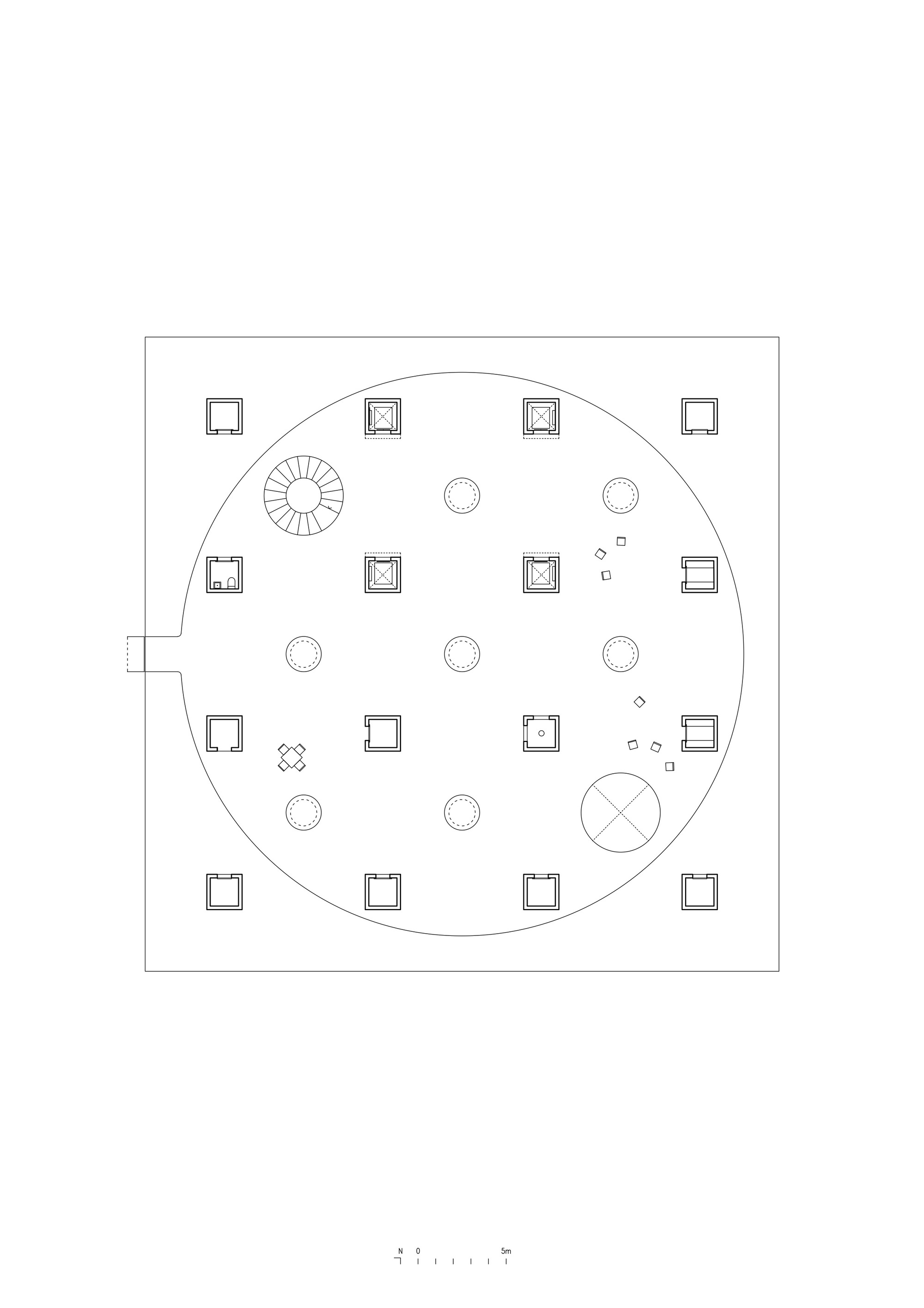 Floor plan drawing showing a circular room with perimeter columns and scattered circular openings