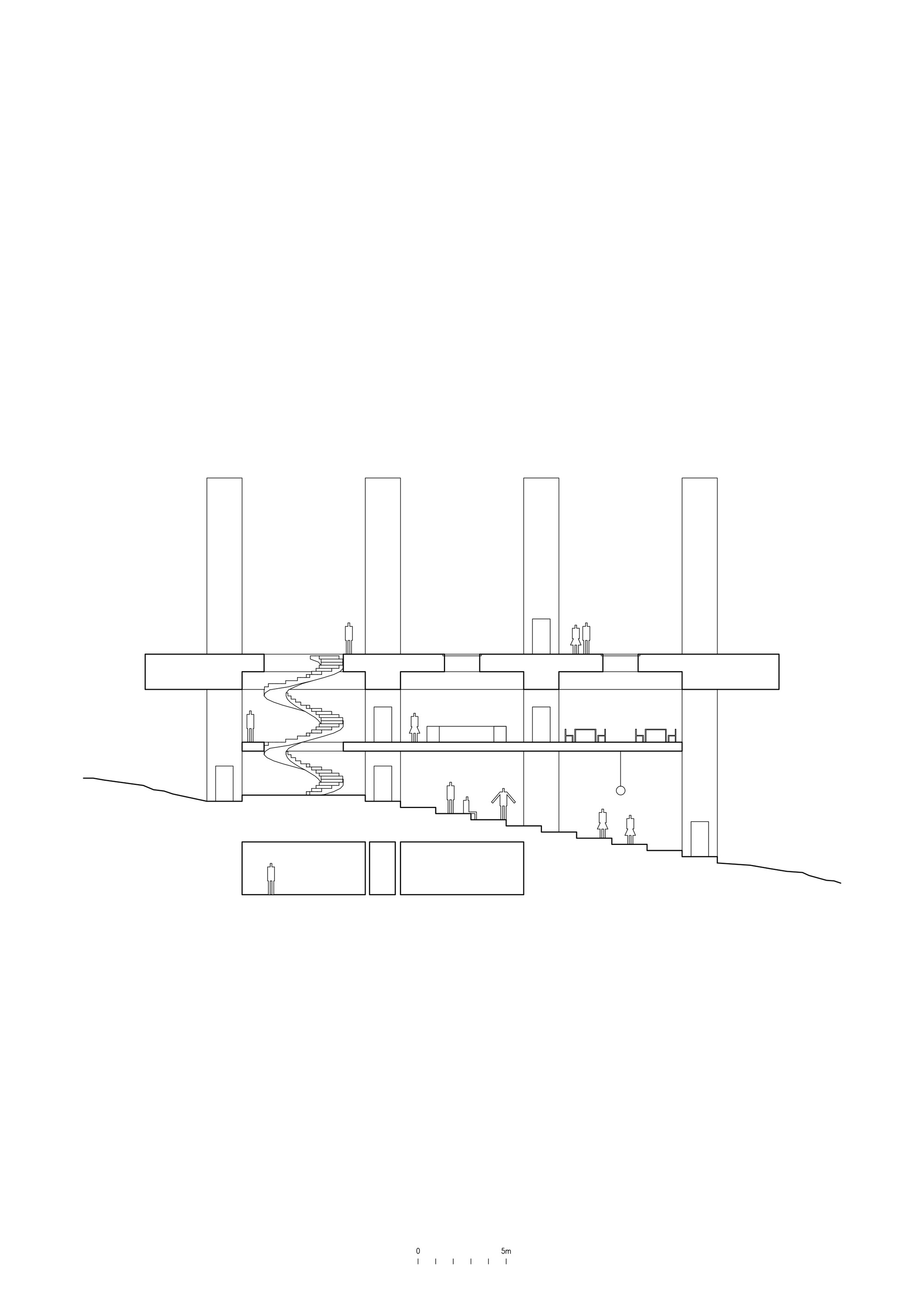 Section drawing showing a spiraling stair connecting multiple levels beneath a flat roof with vertical columns