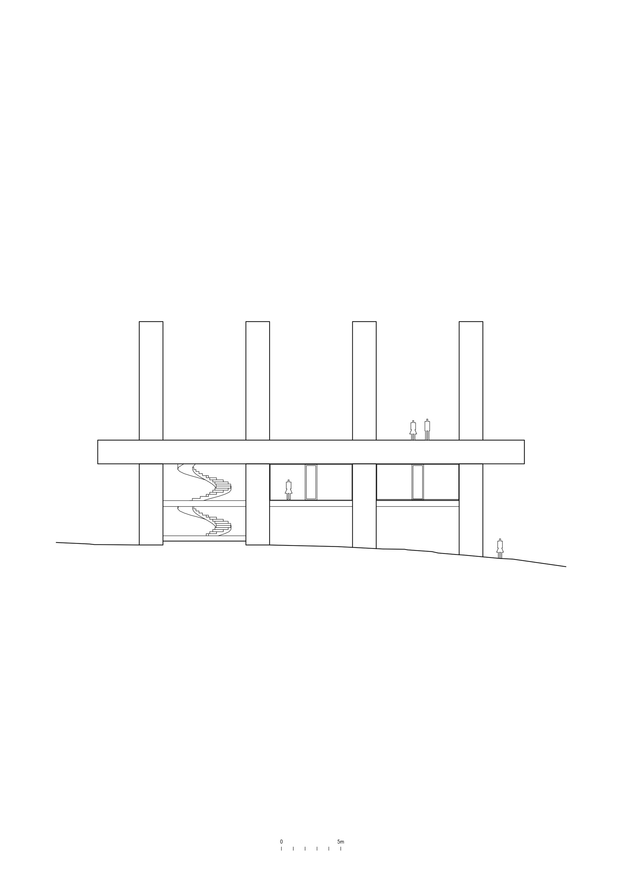Elevation drawing depicting a flat-roofed structure with vertical columns and a double-height curved staircase within