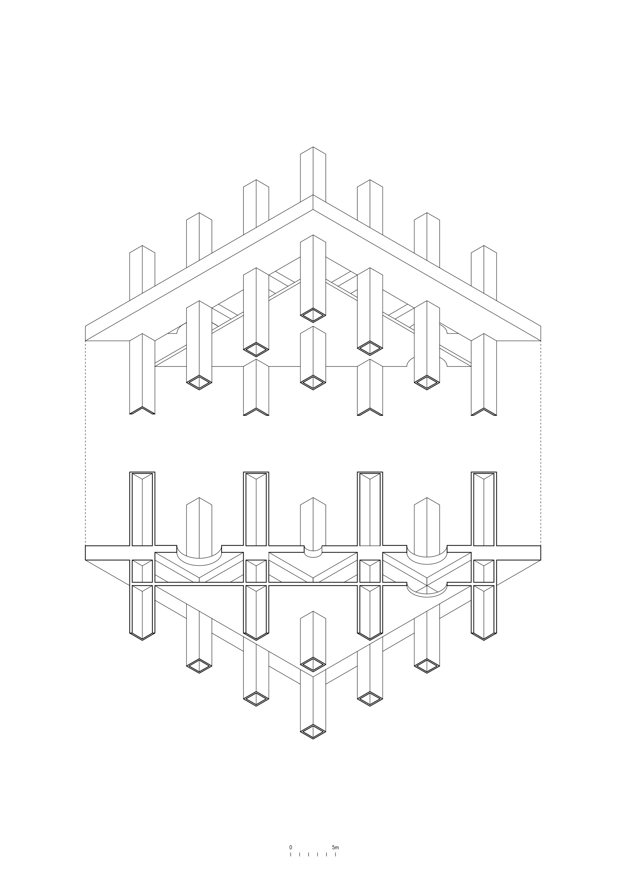 Axonometric drawing showing the structural framework with vertical columns penetrating a horizontal slab and roof plane