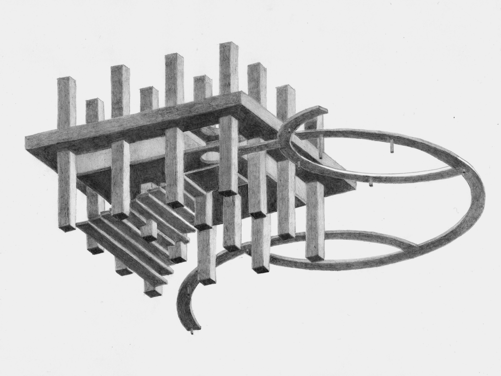 Axonometric drawing of a concrete pavilion with vertical piers and curved ramp elements