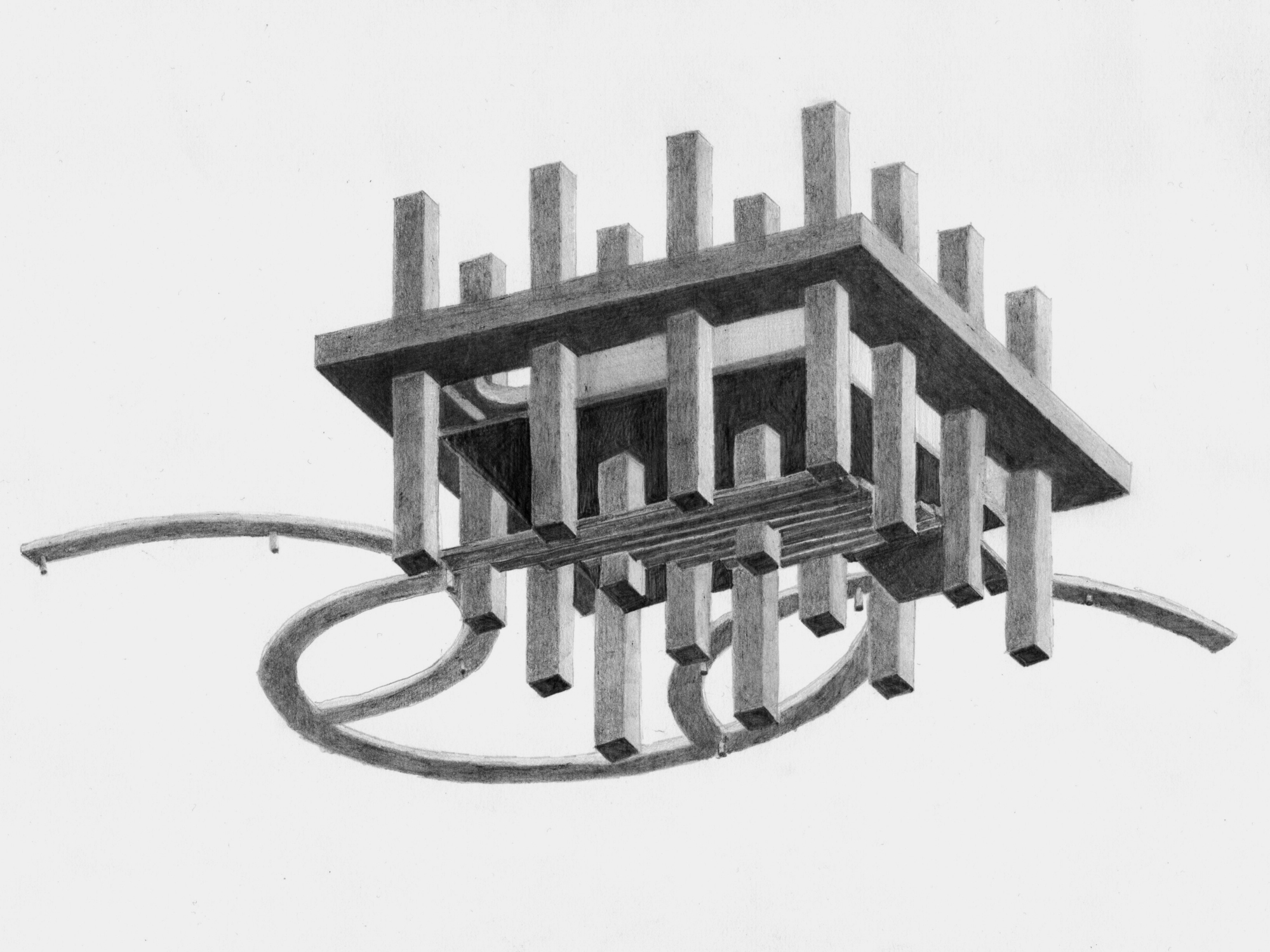 Axonometric view showing the structural grid of columns supporting horizontal slabs and curved circulation paths