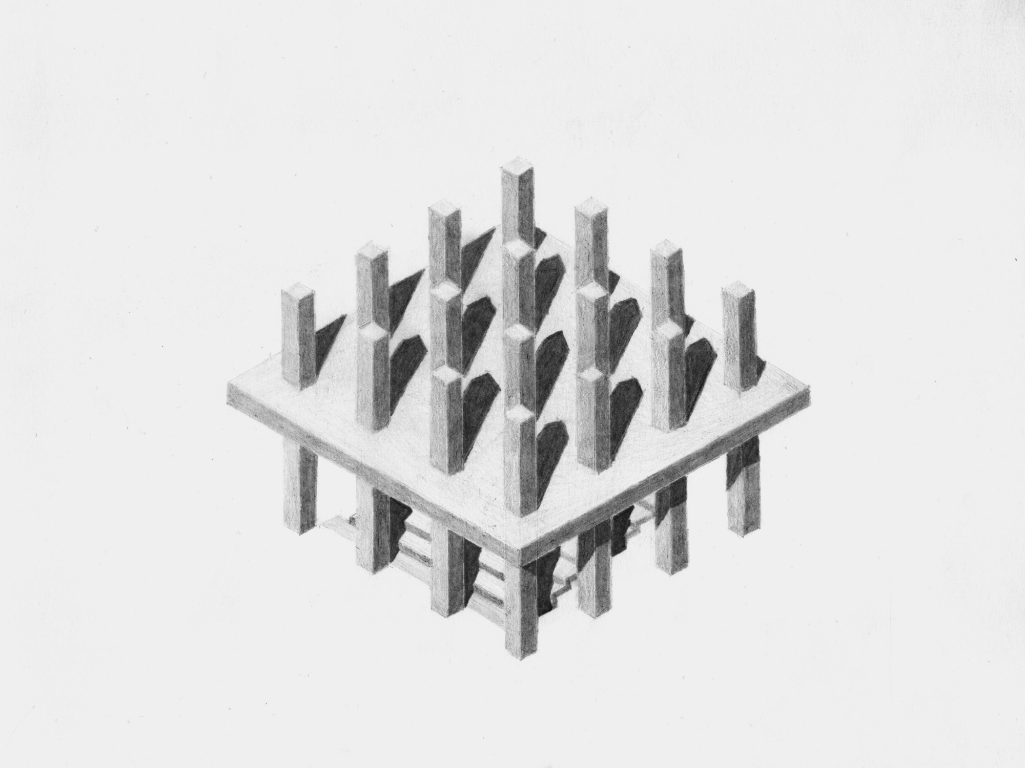 Isometric drawing depicting a grid of vertical elements rising through a horizontal platform
