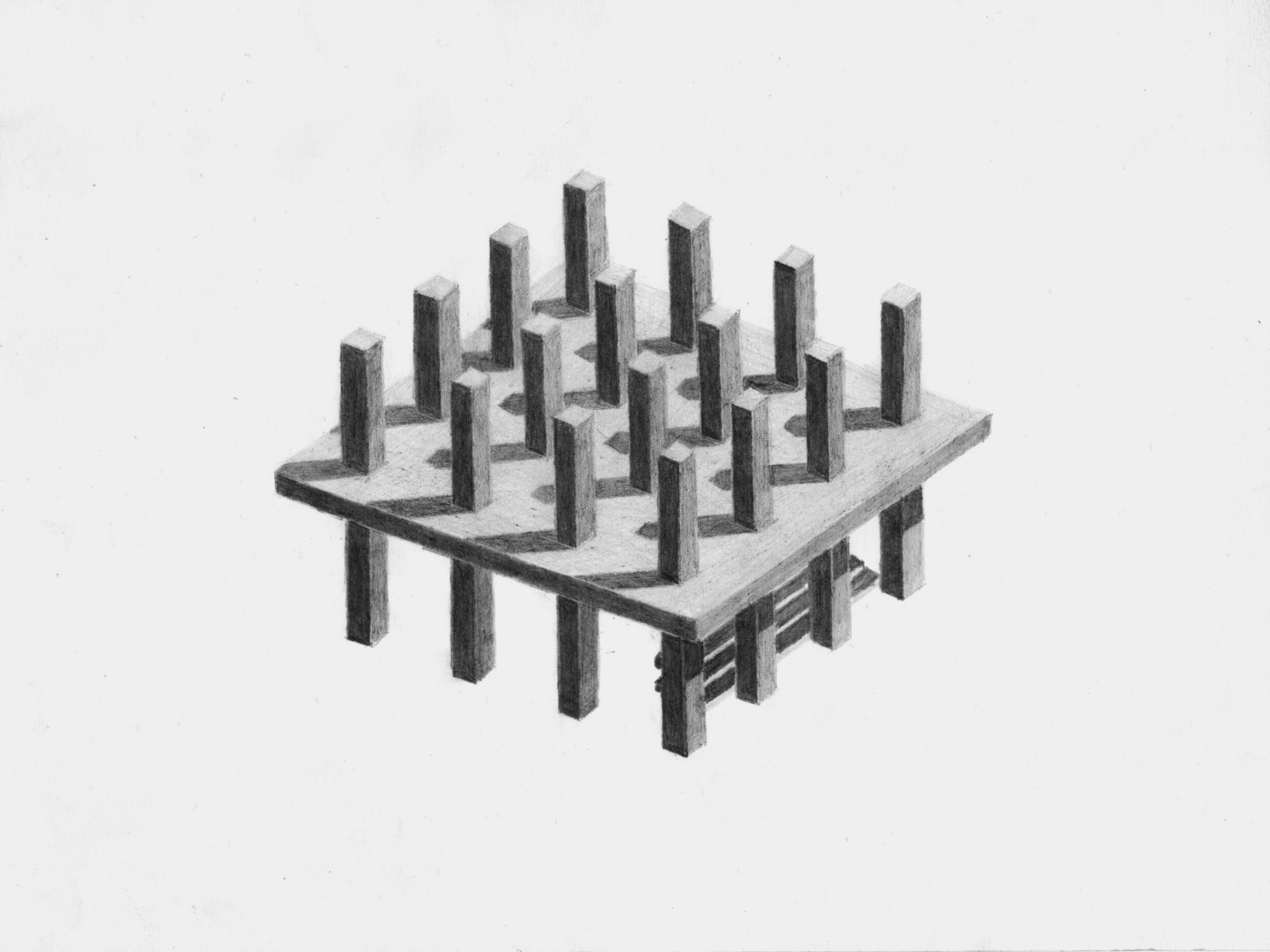 Isometric view of the column grid and platform structure from a lower angle