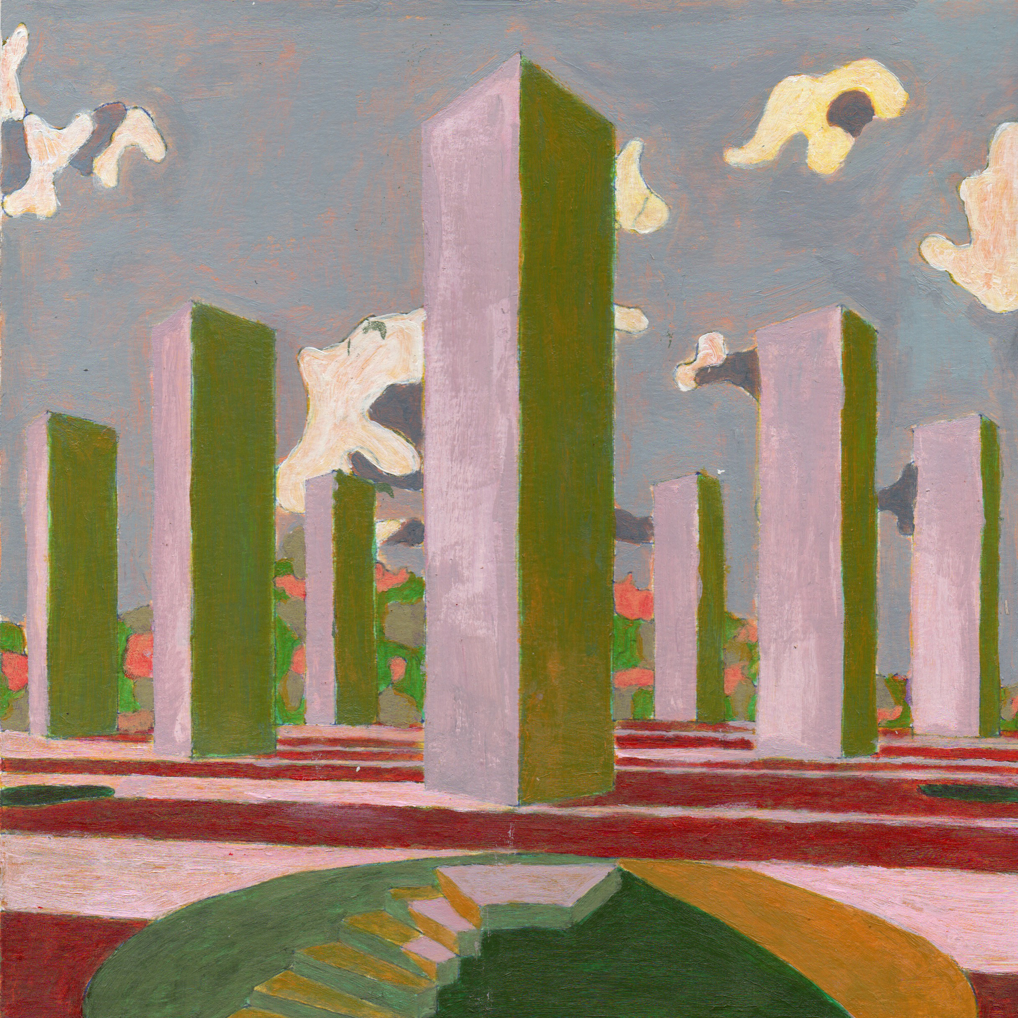 Painted rendering showing alternating green and pink vertical columns arranged across a red paved plaza under cloudy skies