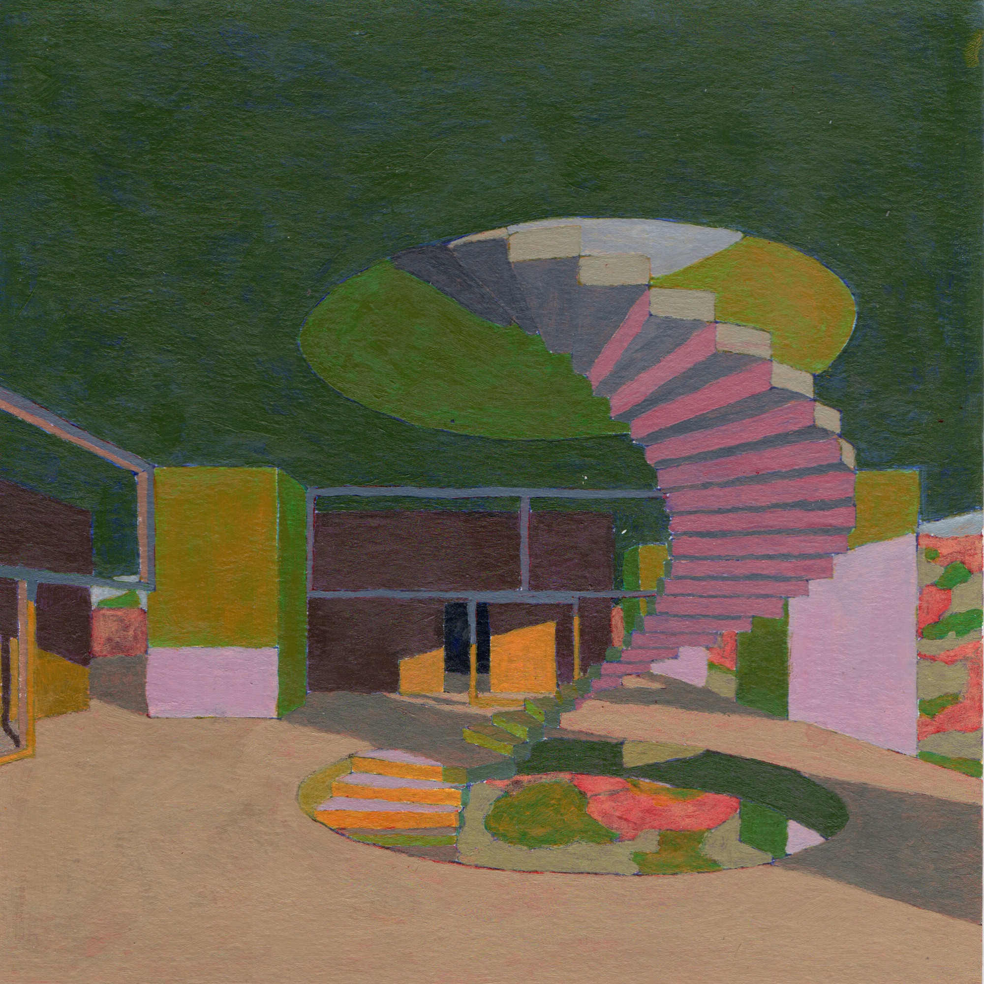Painted rendering of a curving red staircase beneath a green dome with glazed openings and planted beds below