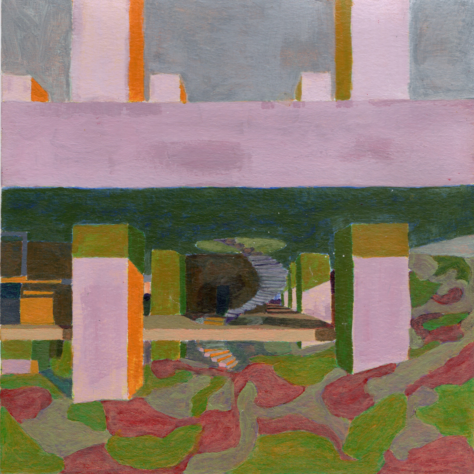 Painted rendering showing a view through pink and orange columns toward a central staircase and planted landscape beyond
