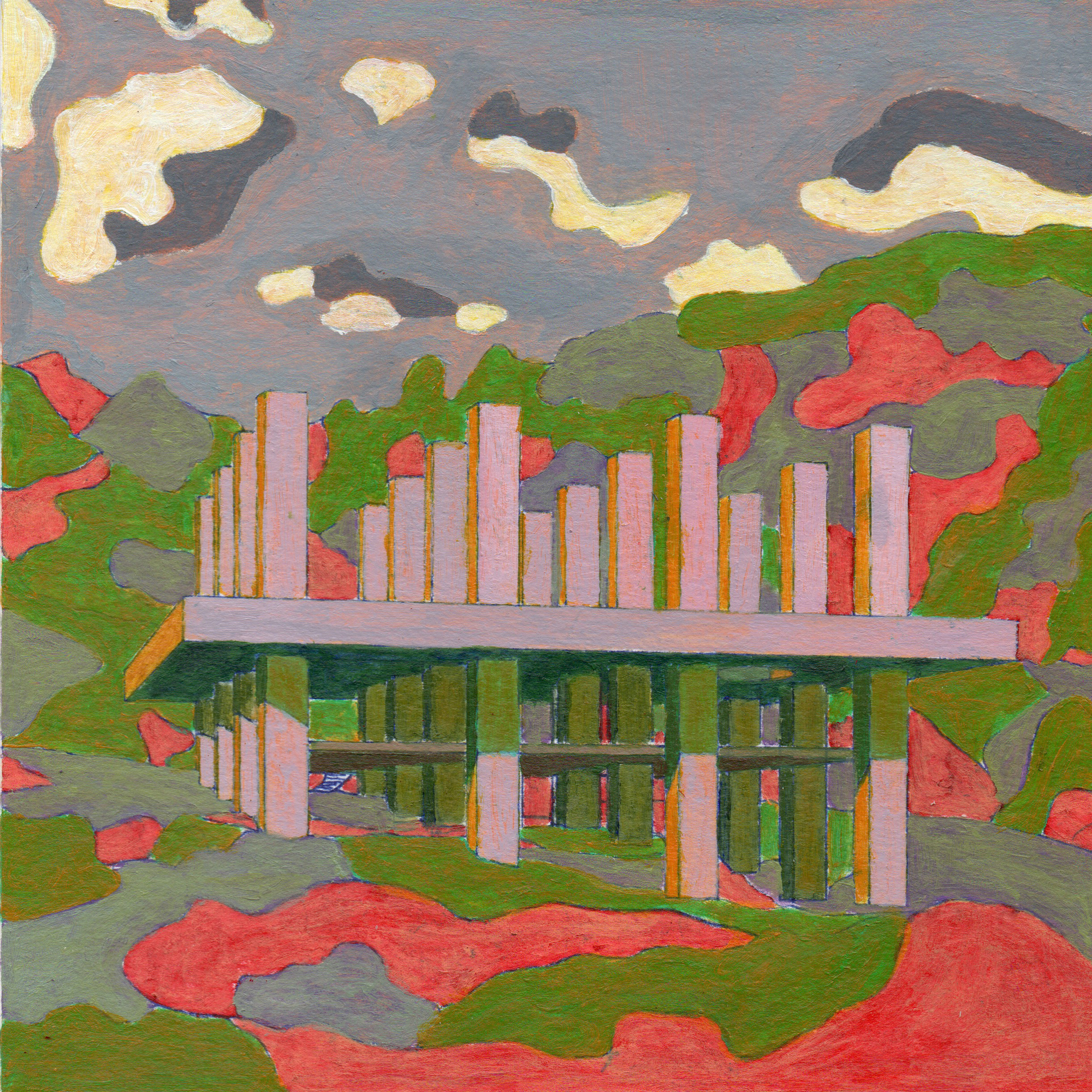 Painted rendering of a colonnade structure with pink and orange columns reflected in still water among trees and hills