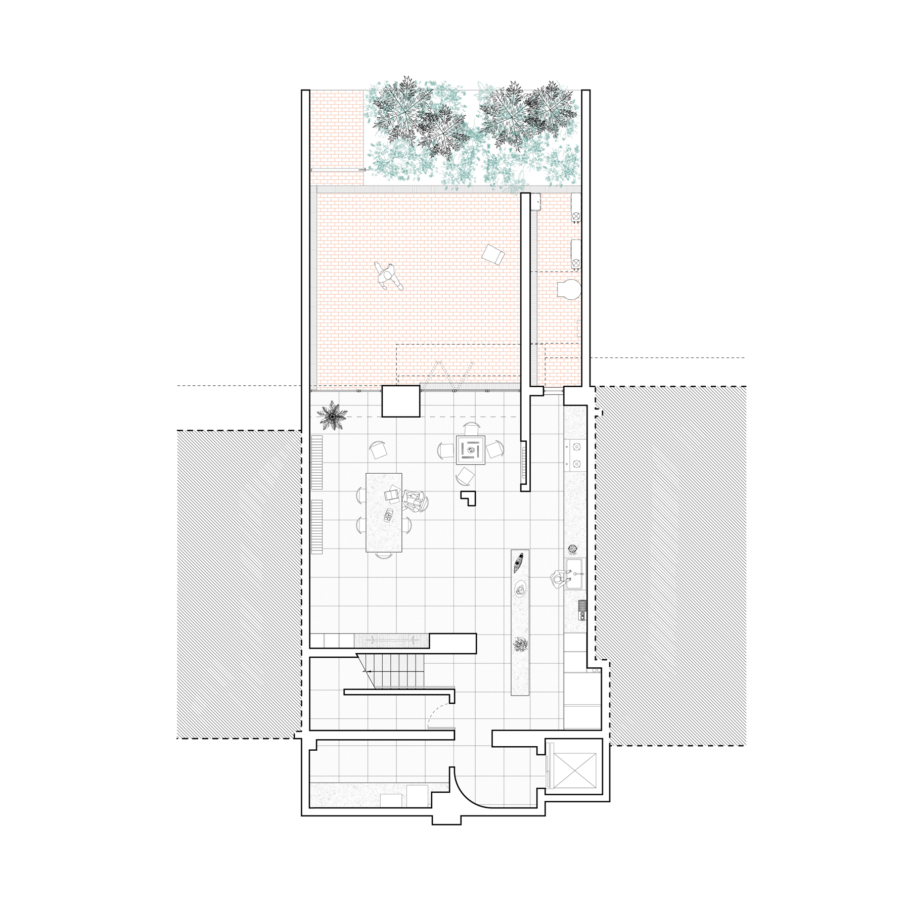 Floor plan drawing showing open living space with staircase, courtyard terrace, and two planted trees above