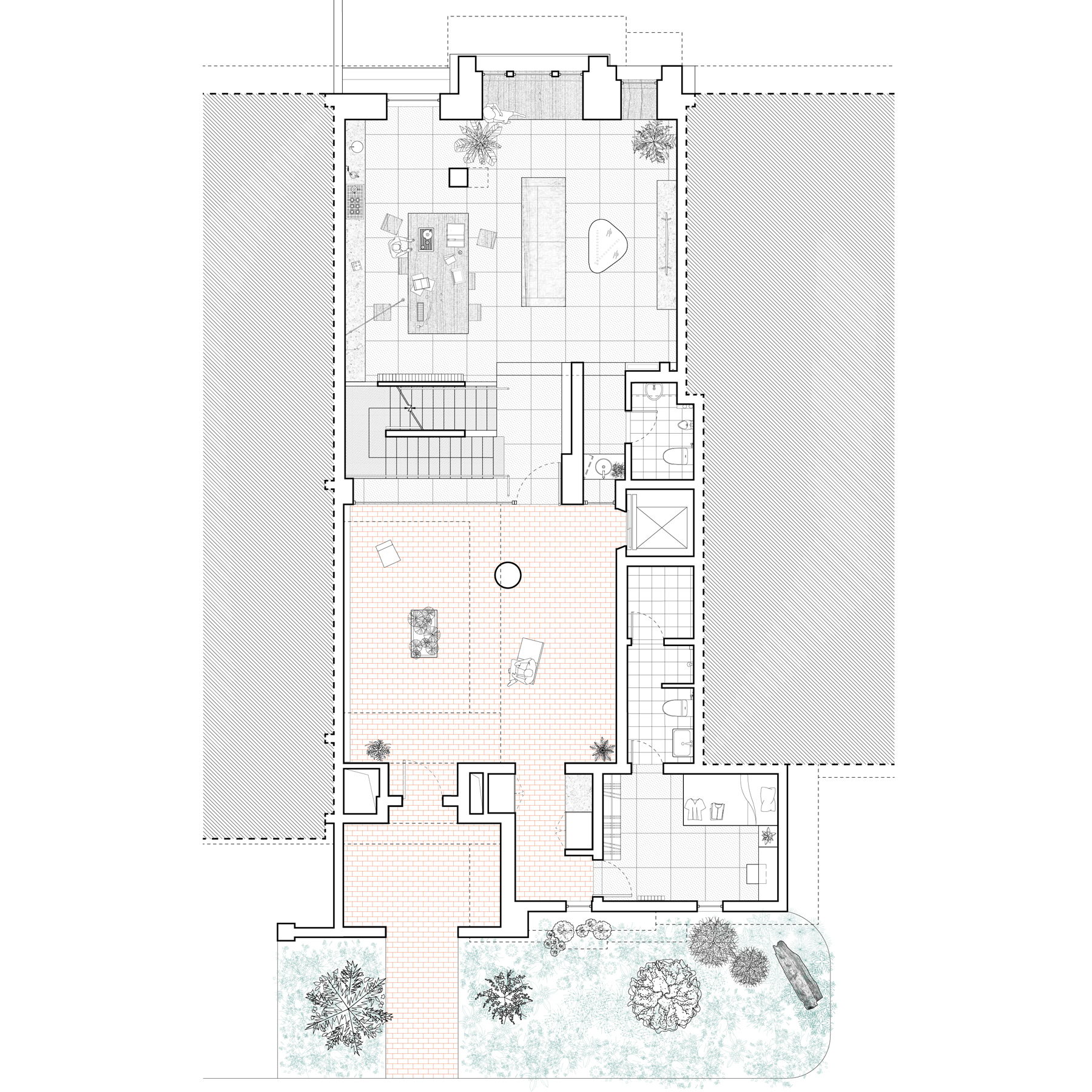 Floor plan drawing showing living area, staircase, side courtyard, and garden with multiple trees below