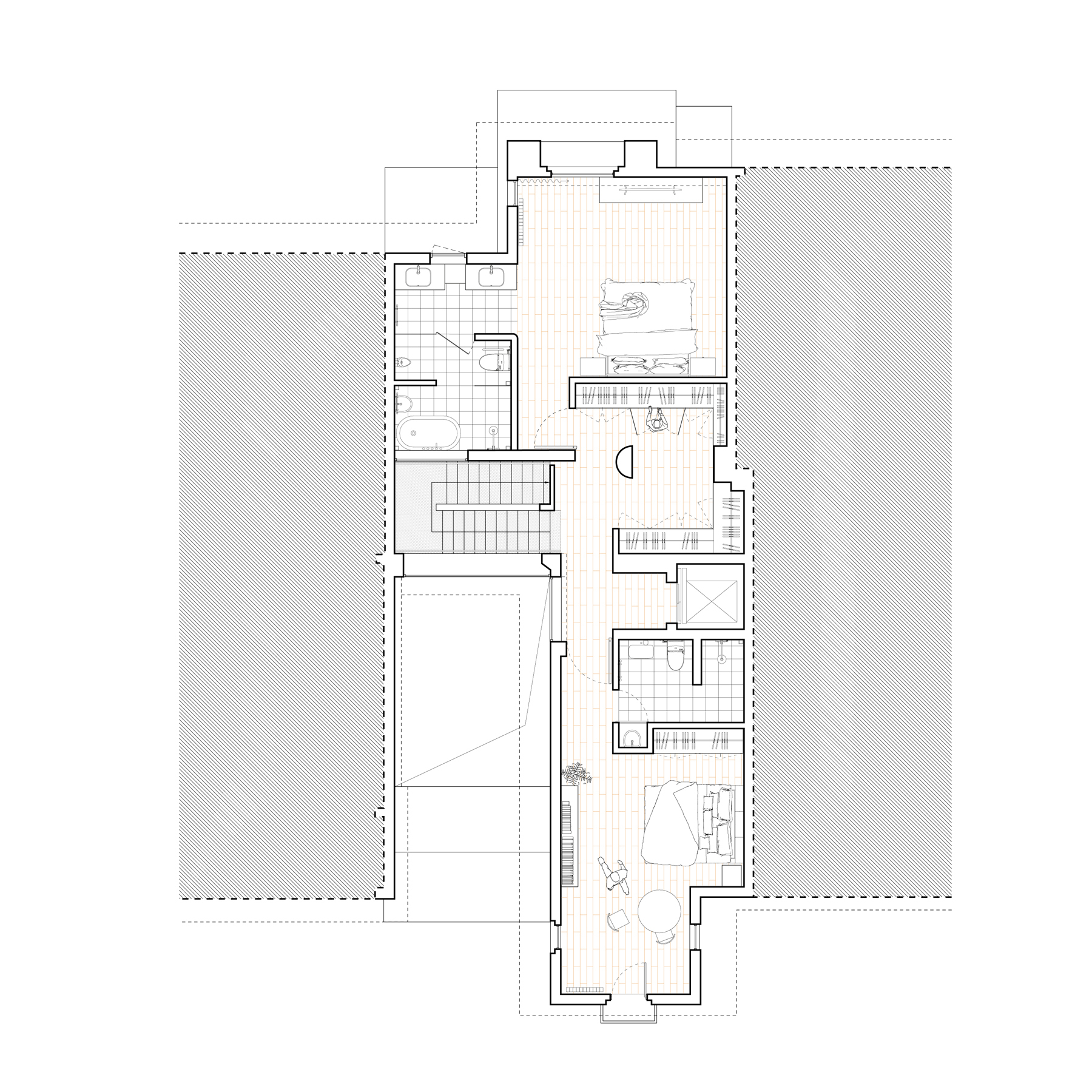 Upper floor plan drawing showing bedrooms, bathrooms, stairwell, and rooftop terrace with sliding door access