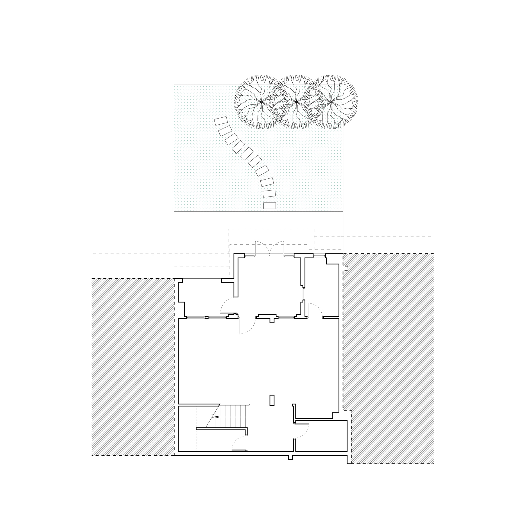 Basement floor plan drawing with staircase, open rooms, stepping path, and three trees at courtyard edge