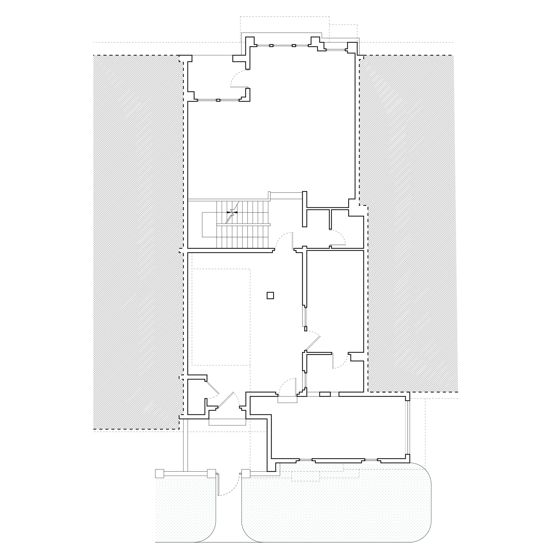 Floor plan drawing showing a central staircase with adjacent rooms and outdoor terraces