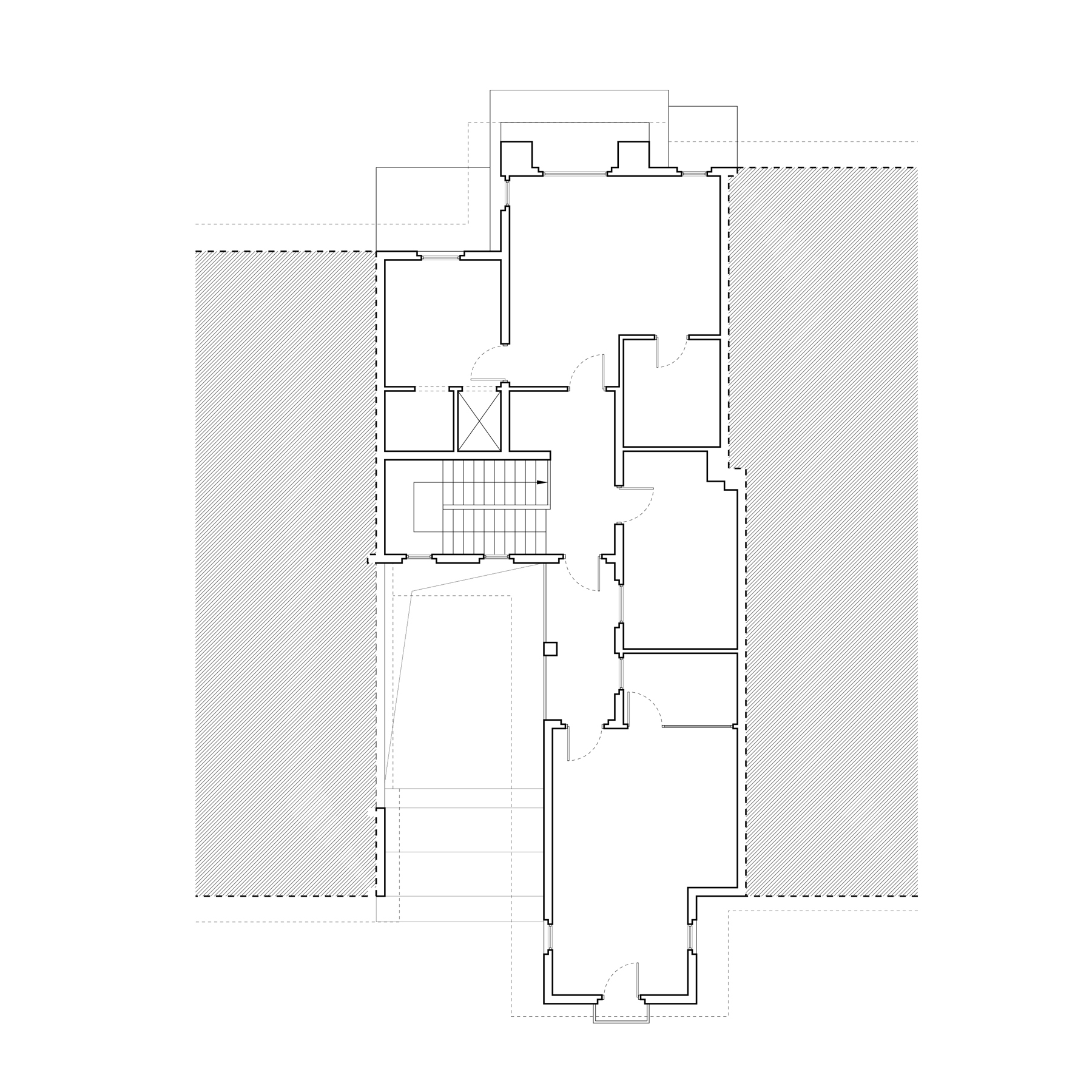 Upper floor plan drawing depicting a staircase with surrounding rooms and balconies