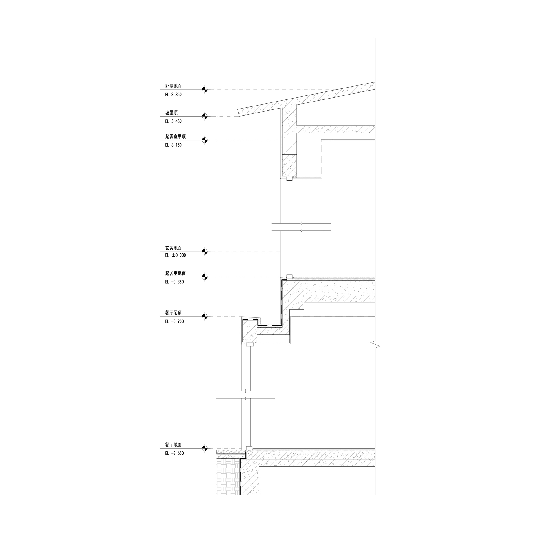 Wall section drawing detailing floor slabs and roof assembly with labeled elevation markers