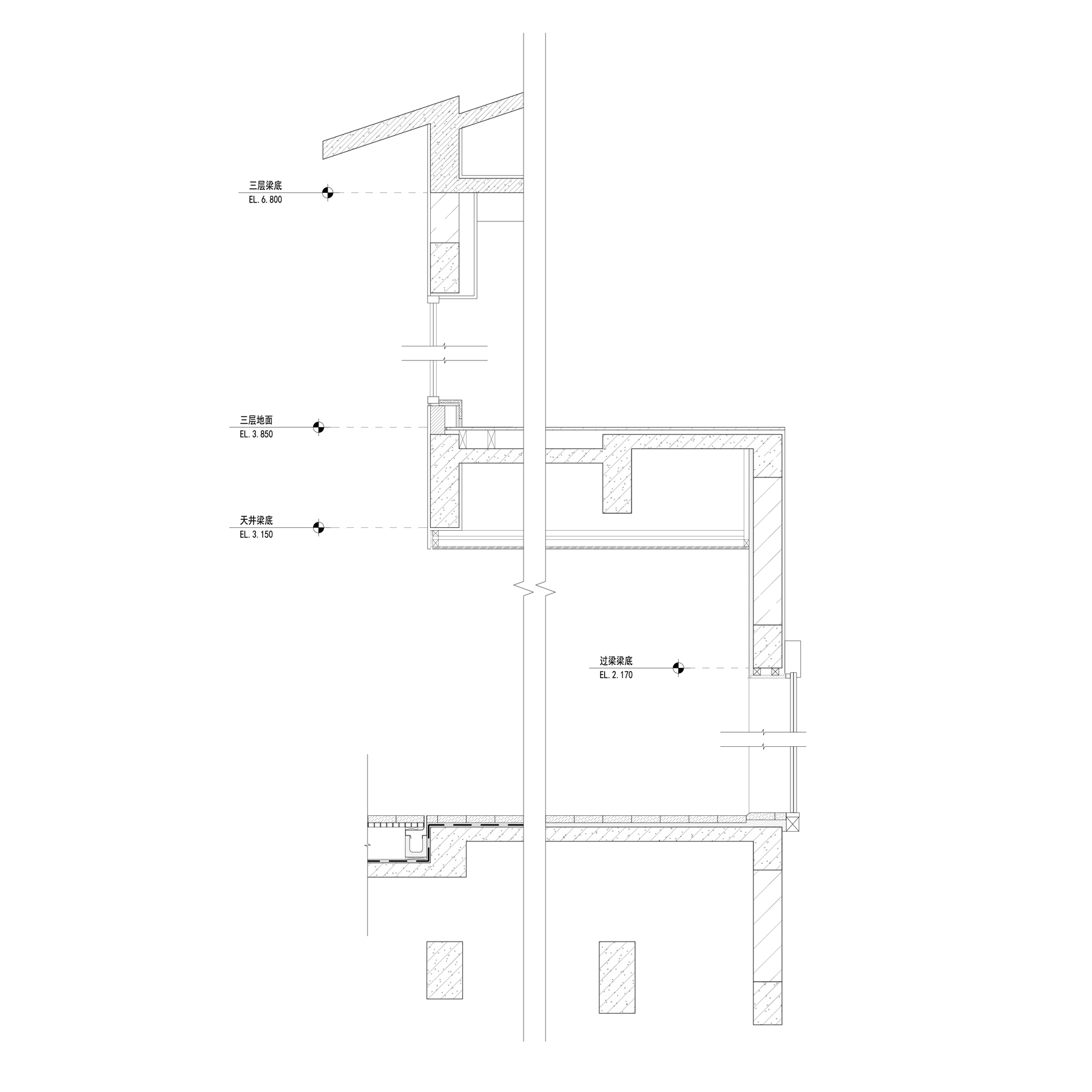 Wall section drawing showing floor levels with labeled elevation markers and window openings