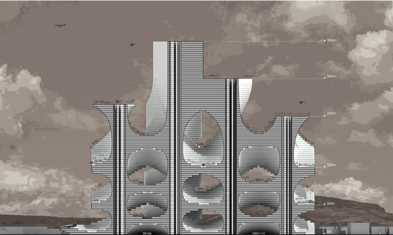 A sectional vision of vertical neighborhood architecture shaping dense, future-ready cities.