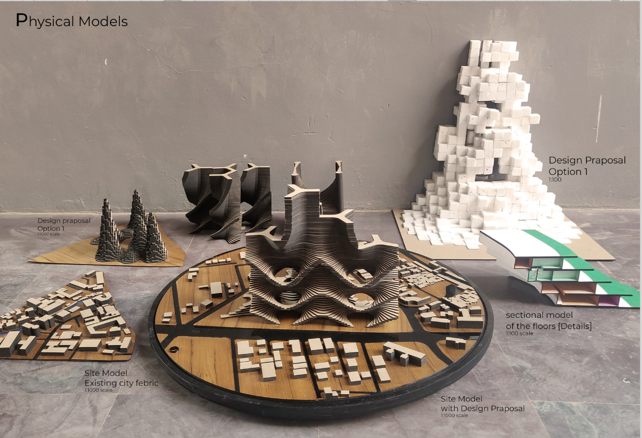 Physical models exploring layered systems and adaptive urban morphologies.
