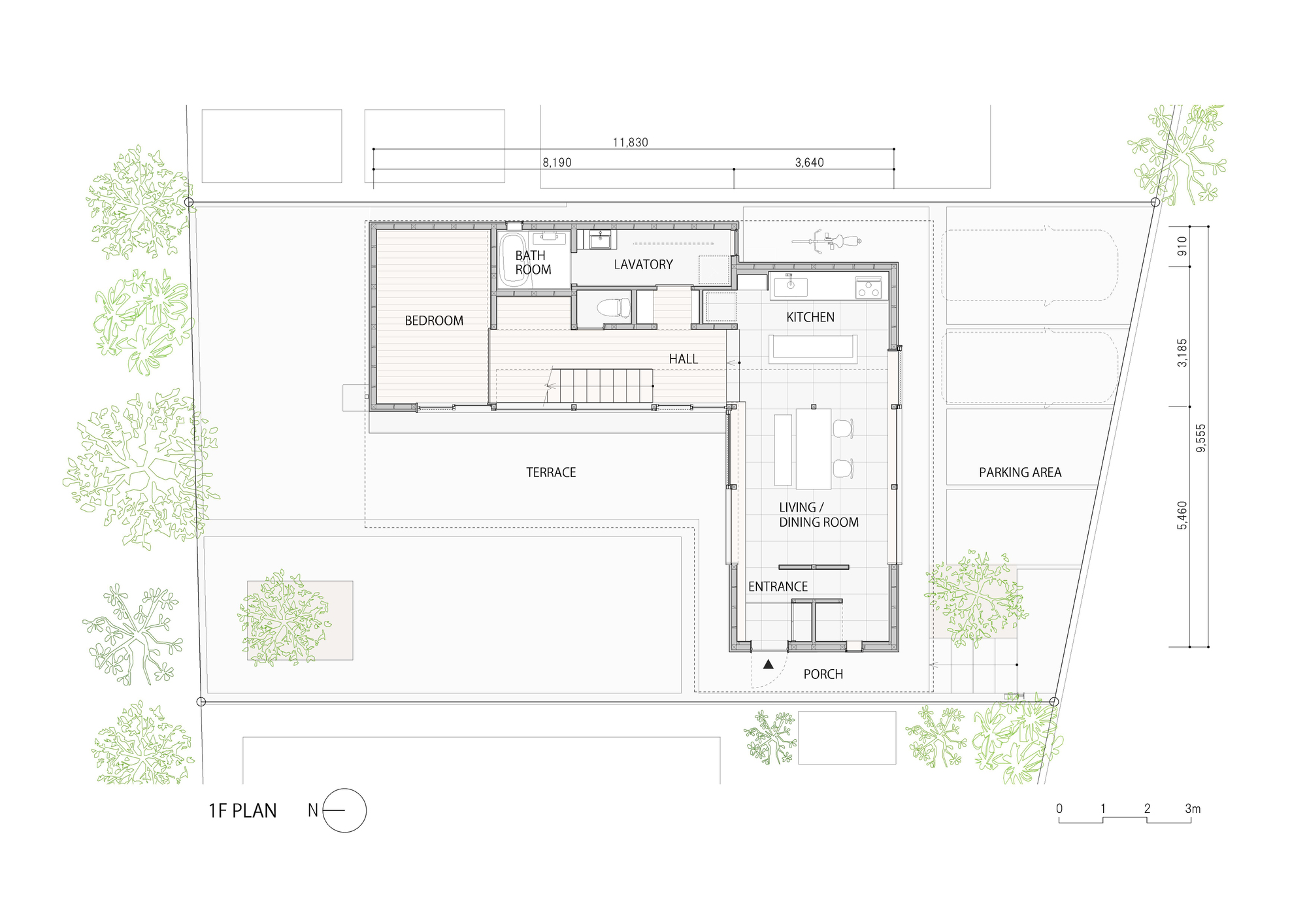 First floor plan drawing showing the layout with terrace, living areas, bedroom, and parking zone