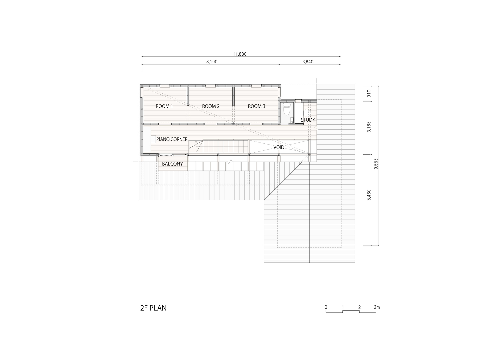Second floor plan drawing showing three rooms, study, balcony, and central void with staircase