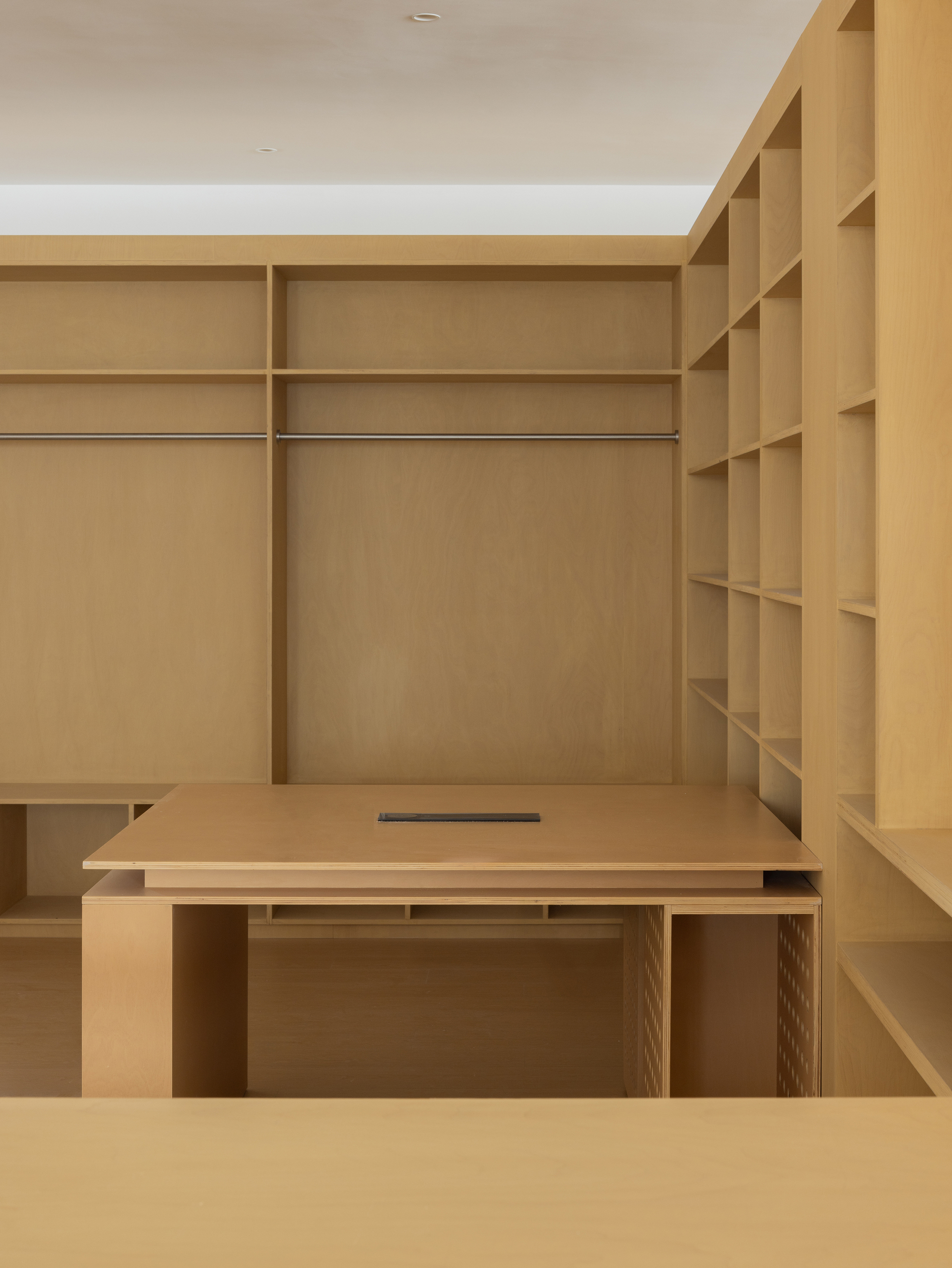 Built-in birch plywood desk and shelving system with hanging rails and recessed finger pull